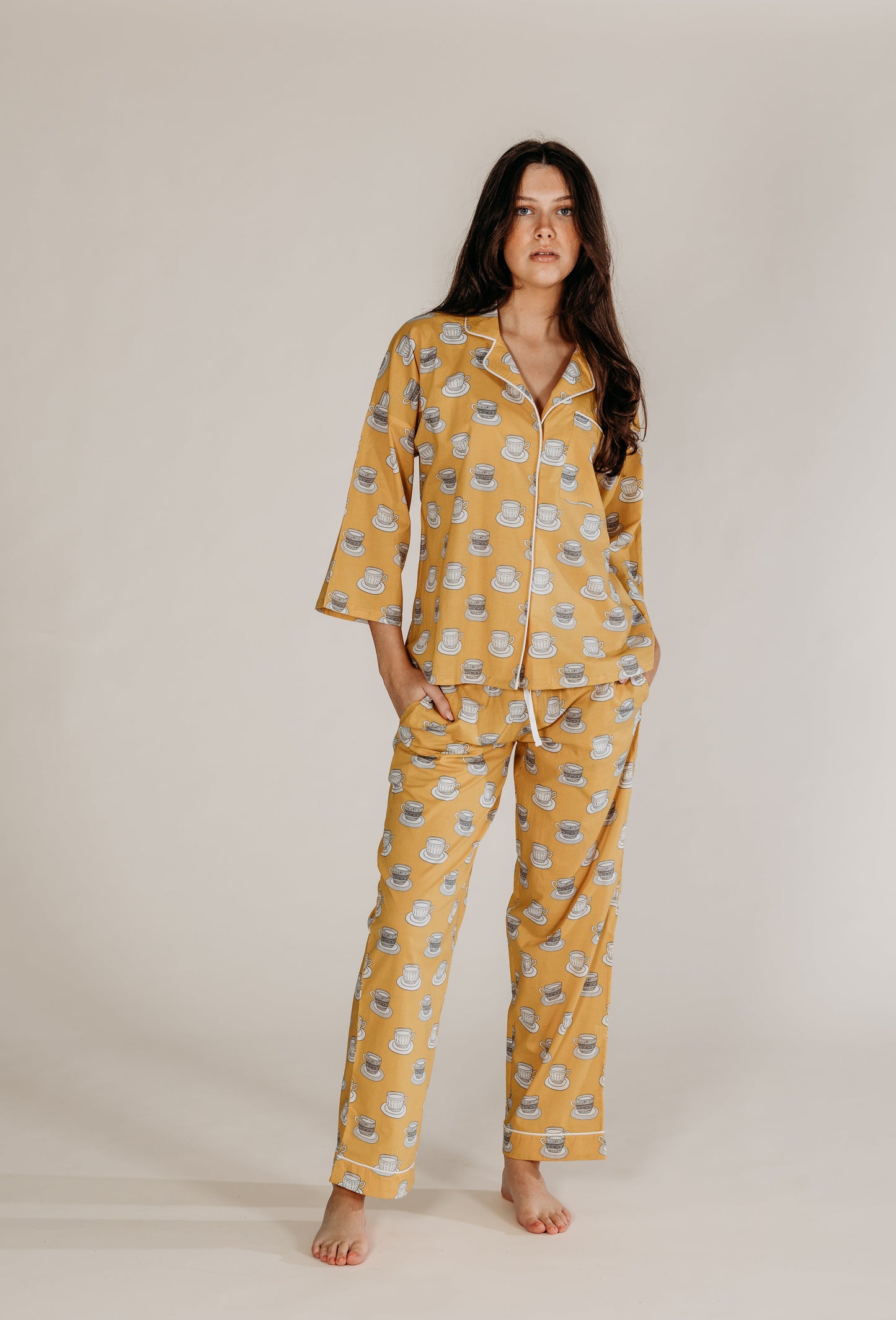Mustard Chai Print Pyjamas Naree Clothing