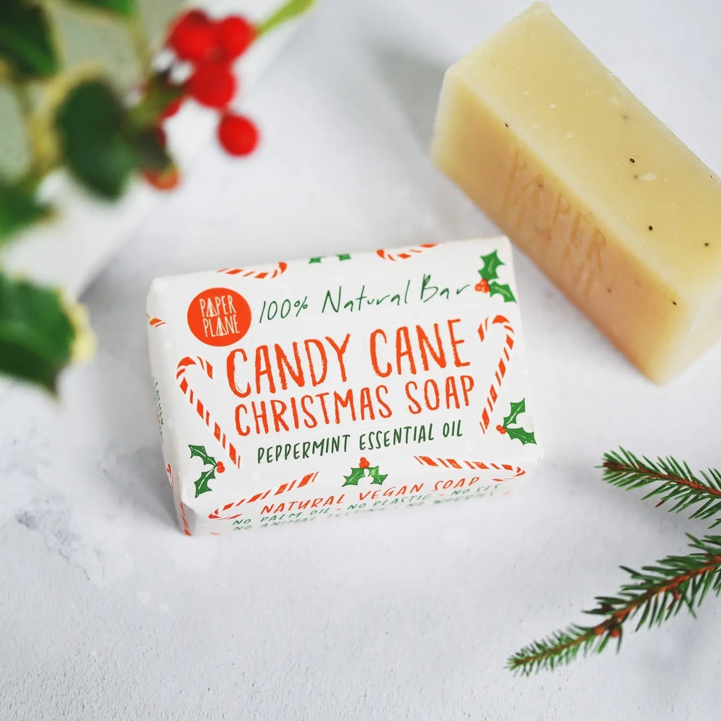 100% Natural Vegan Peppermint Candy Cane Christmas Soap Bar Paper Plane