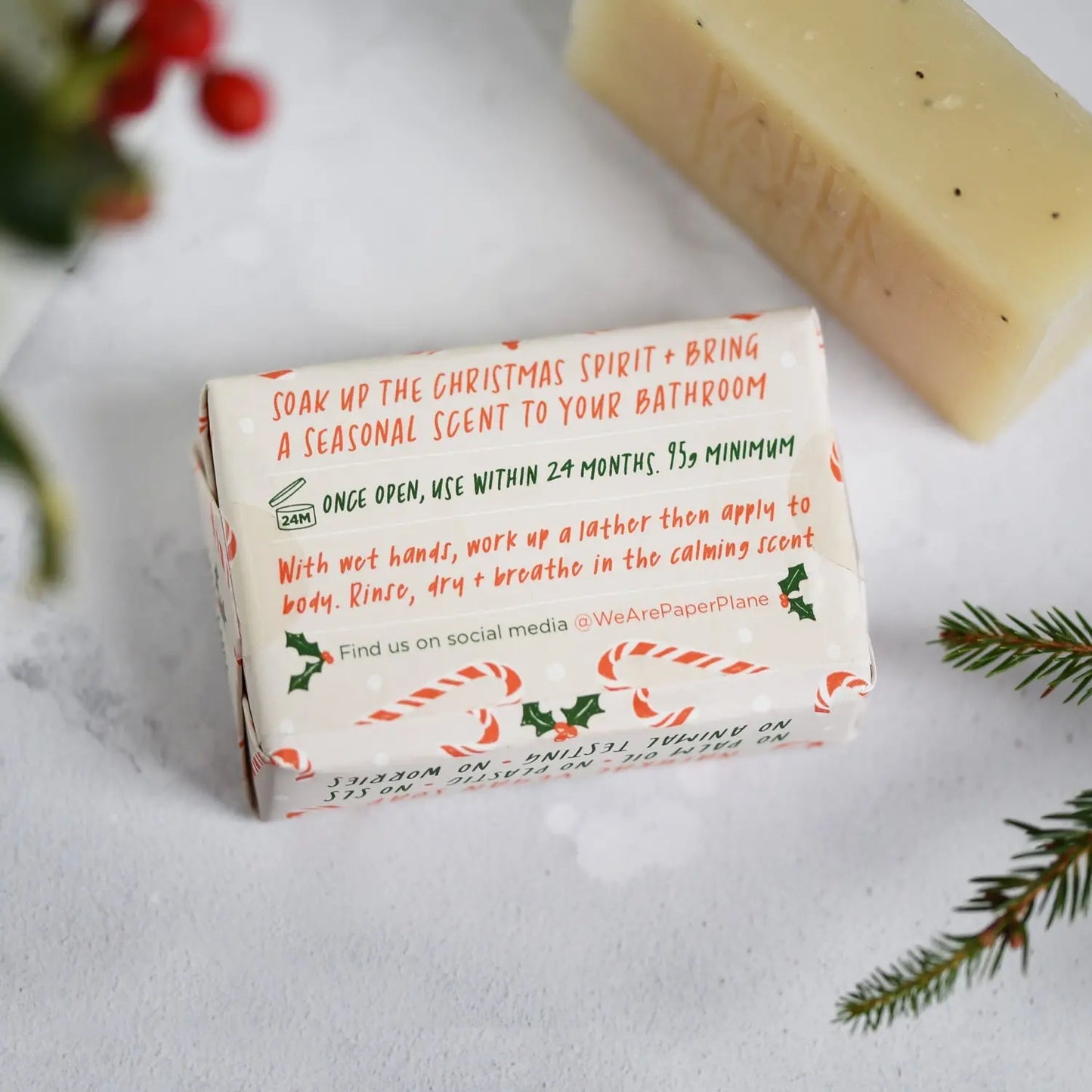 100% Natural Vegan Peppermint Candy Cane Christmas Soap Bar Paper Plane