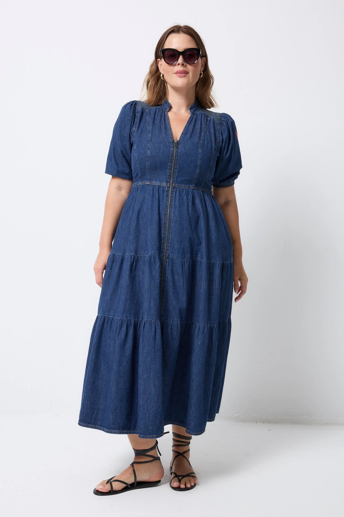 Authentic Indigo Zip Detail Tiered Midi Denim Dress Scamp & Dude