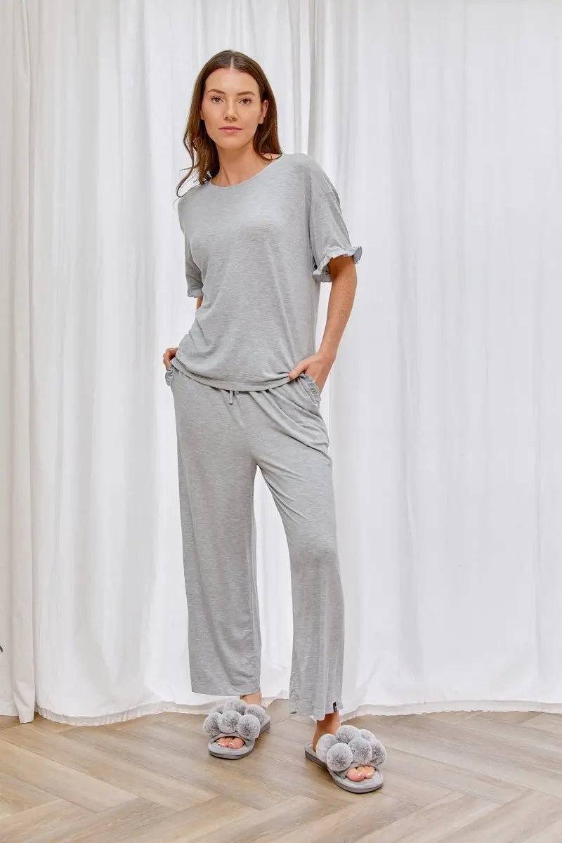 Bamboo Frill Tee Trouser Set in Grey Marl Pretty You London