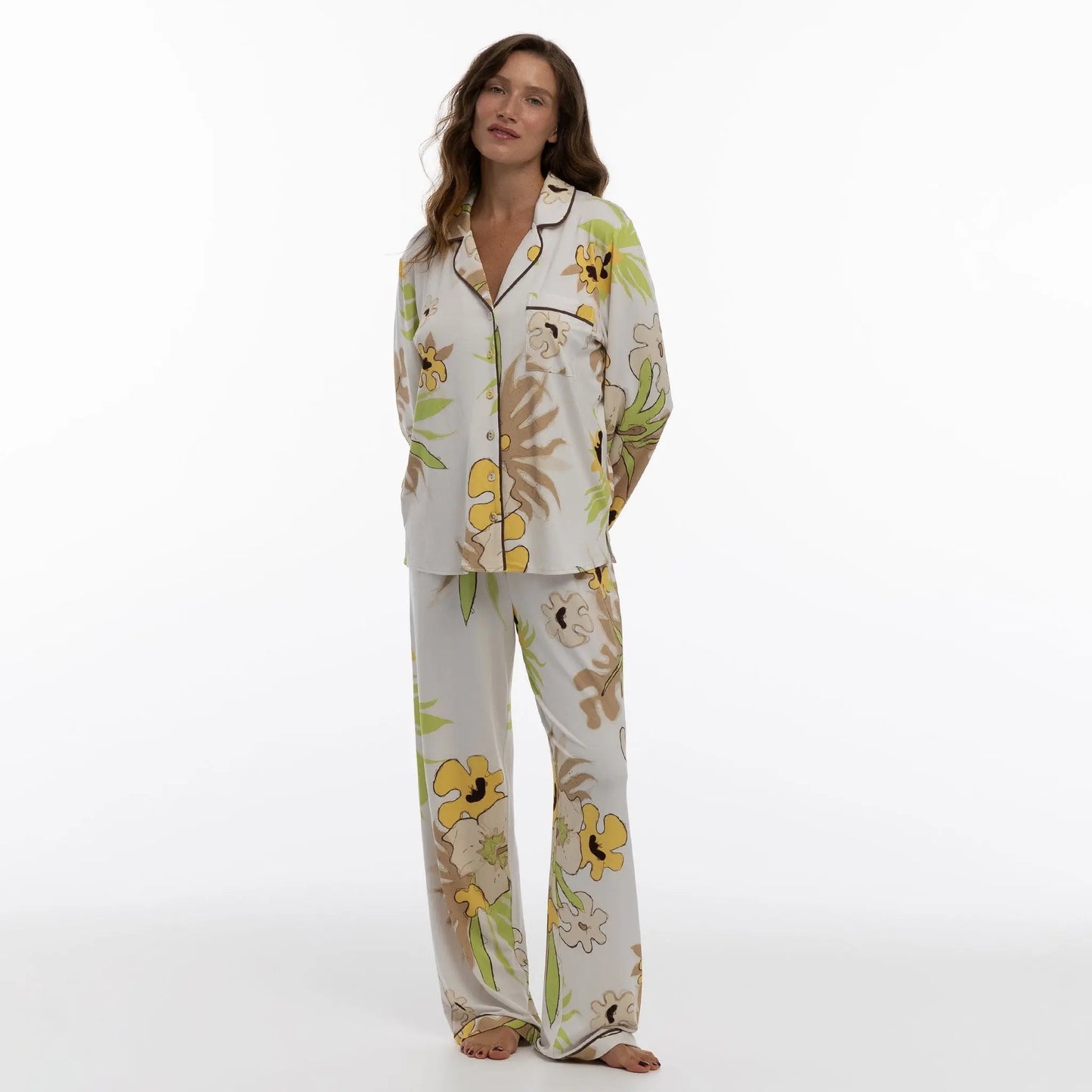 Bamboo Long Pyjama Set in White Flower NOKAYA