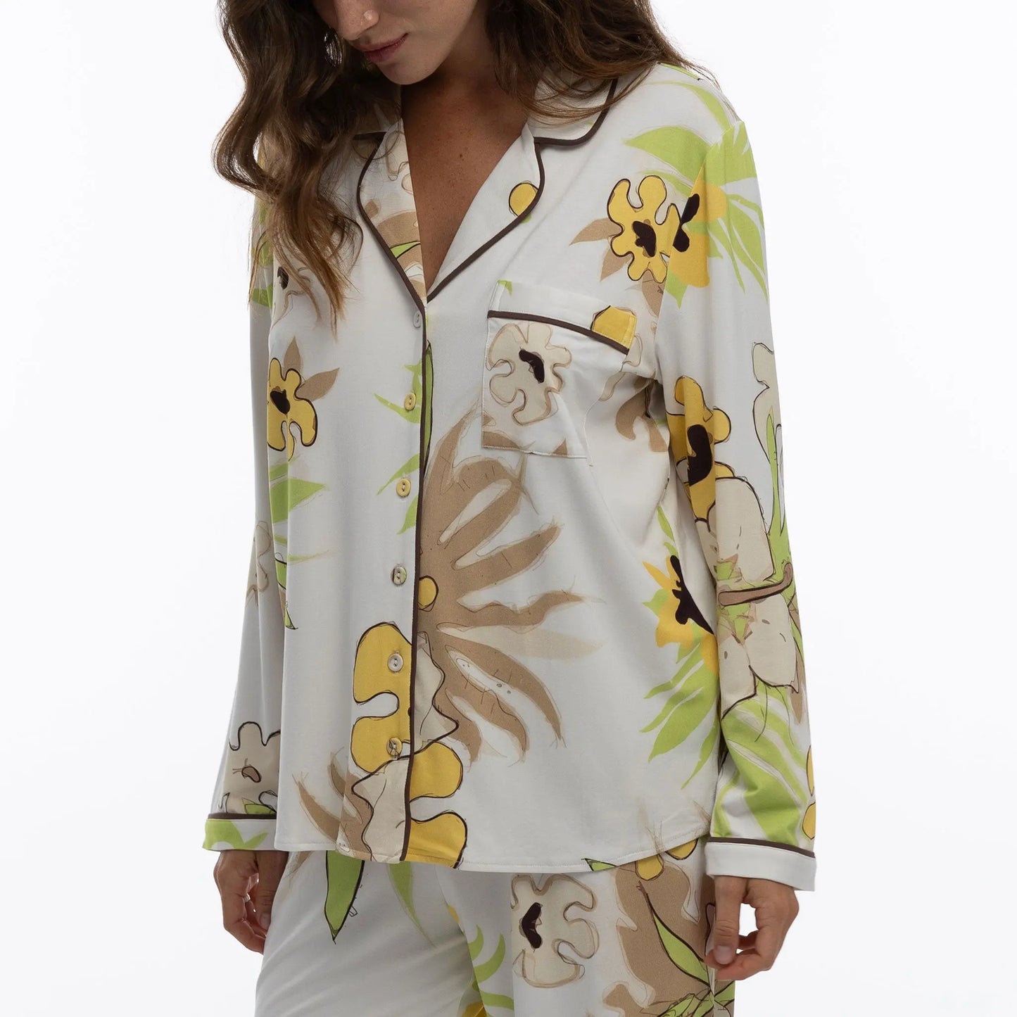 Bamboo Long Pyjama Set in White Flower NOKAYA