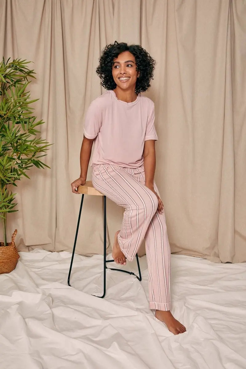 Bamboo Tee and Trouser Set in Blush Stripe Pretty You London
