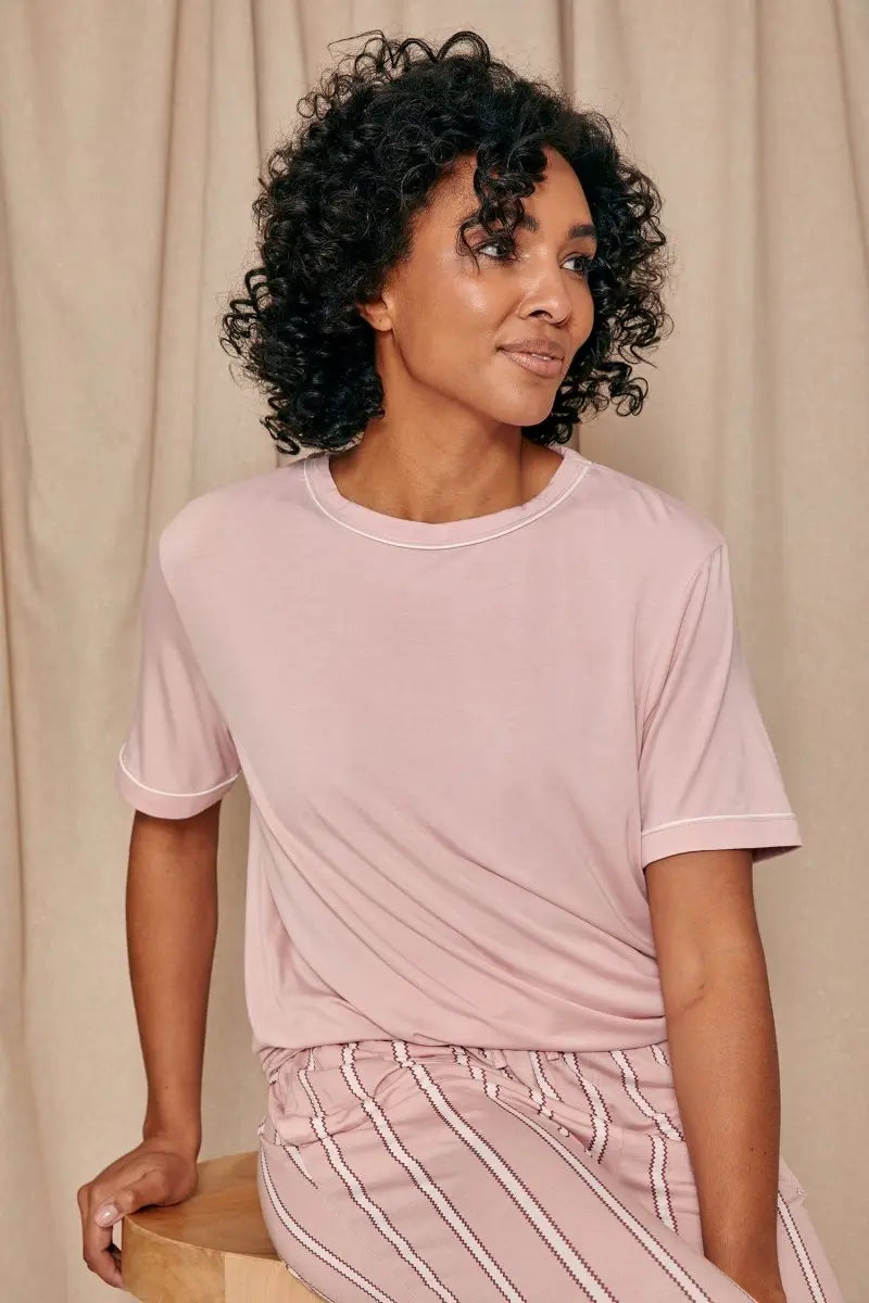 Bamboo Tee and Trouser Set in Blush Stripe Pretty You London