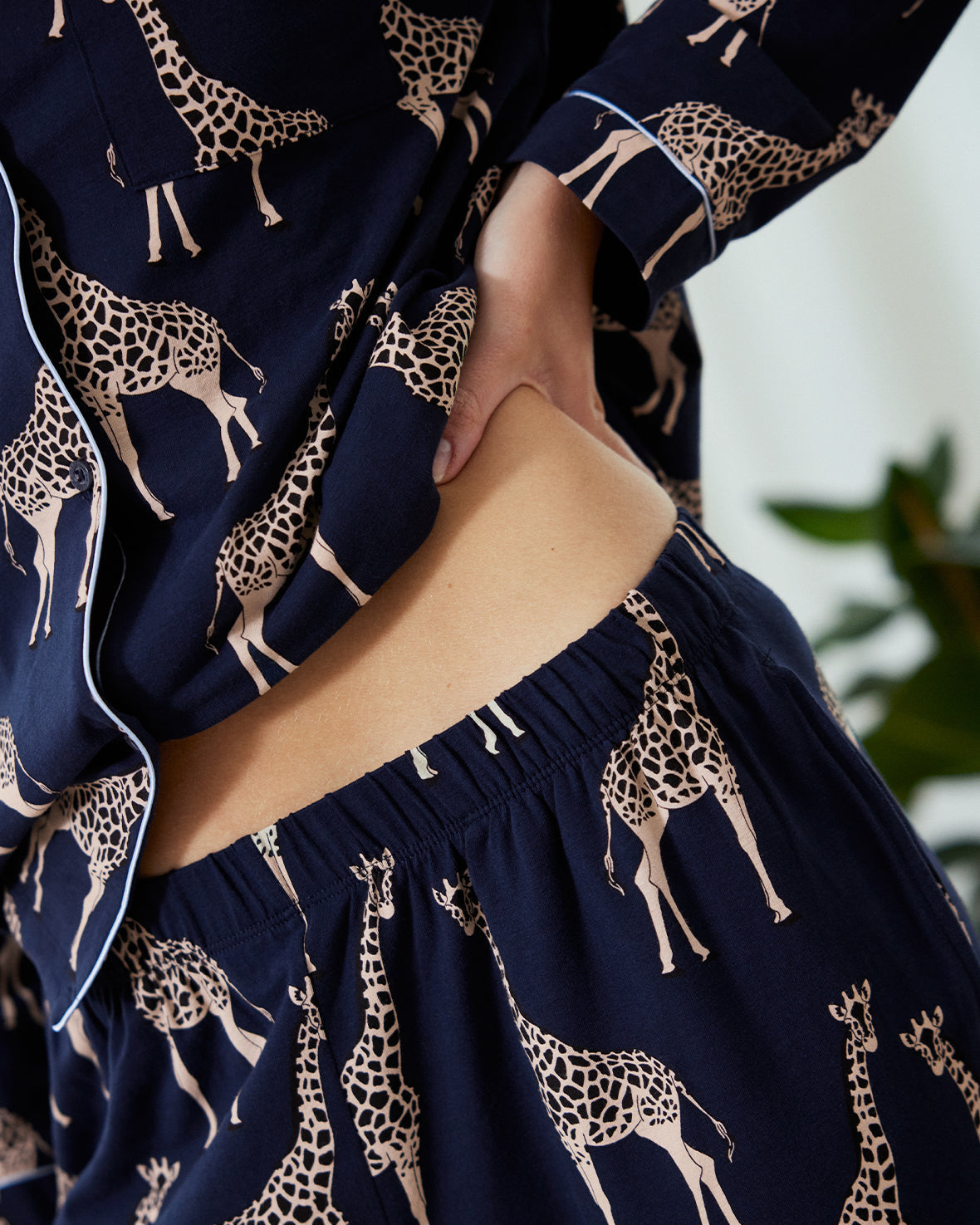 Tall Organic Cotton Giraffe Print Long Pyjama Set - Navy Chelsea Peers