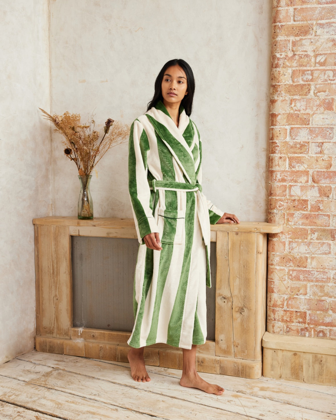 Fleece Stripe Long Dressing Gown - Green Chelsea Peers