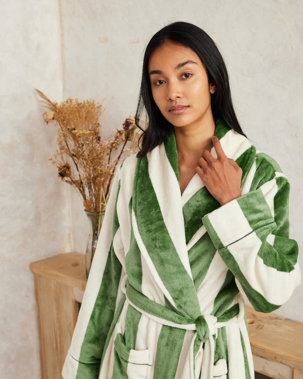 Fleece Stripe Long Dressing Gown - Green Chelsea Peers