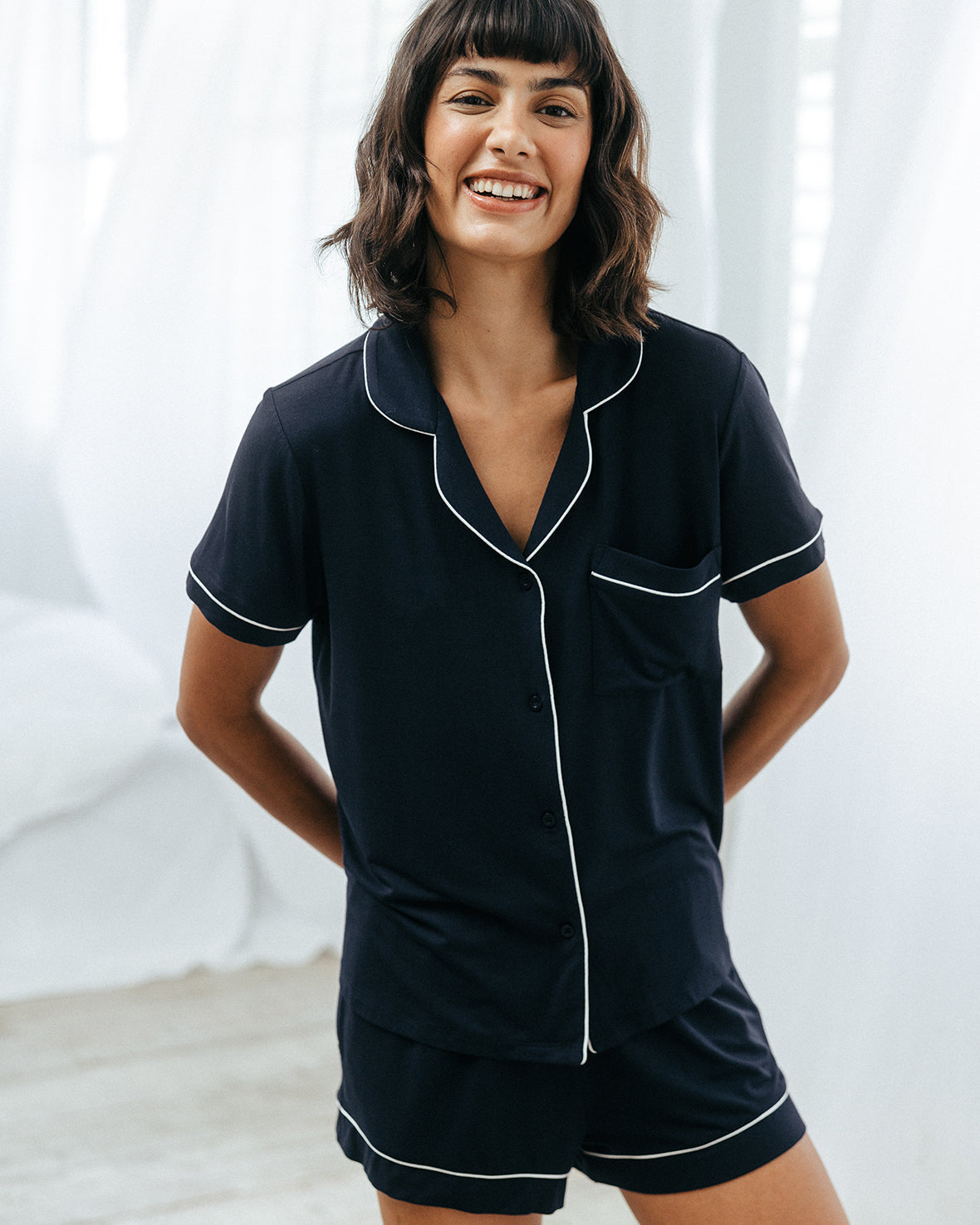 Navy Women's TENCEL™ Modal Short Button Up Pyjama Set Chelsea Peers