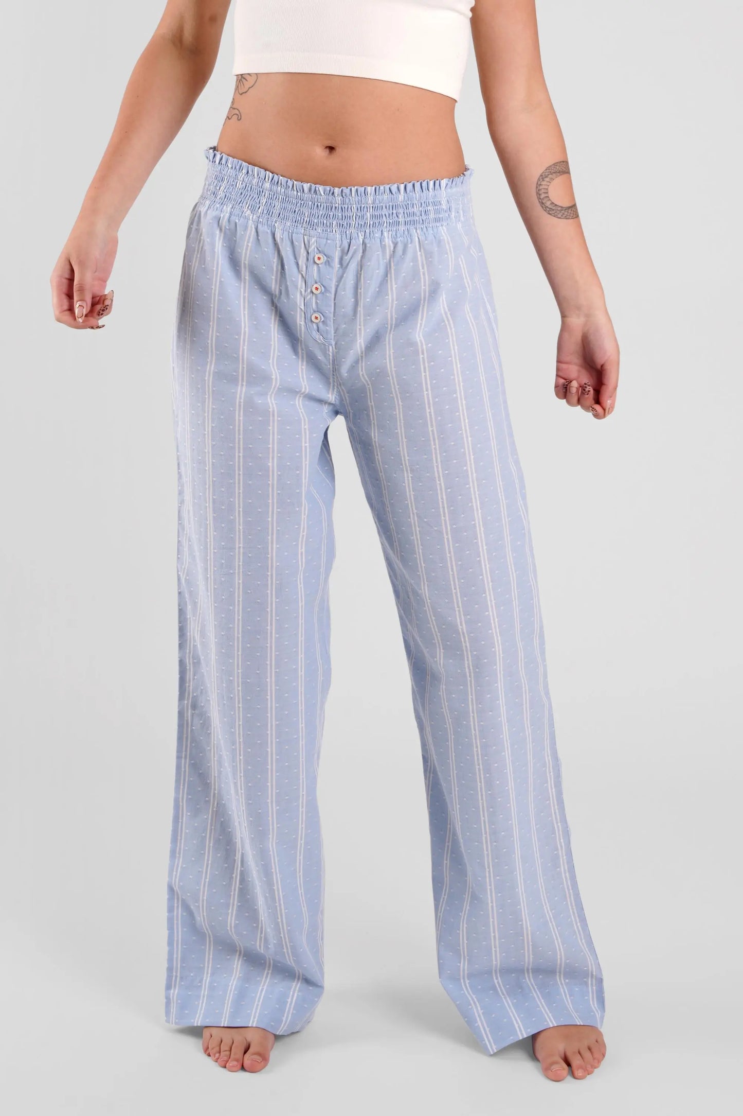 Chicory Striped Ethical-Cotton Trousers - Glacier Blue Peachaus