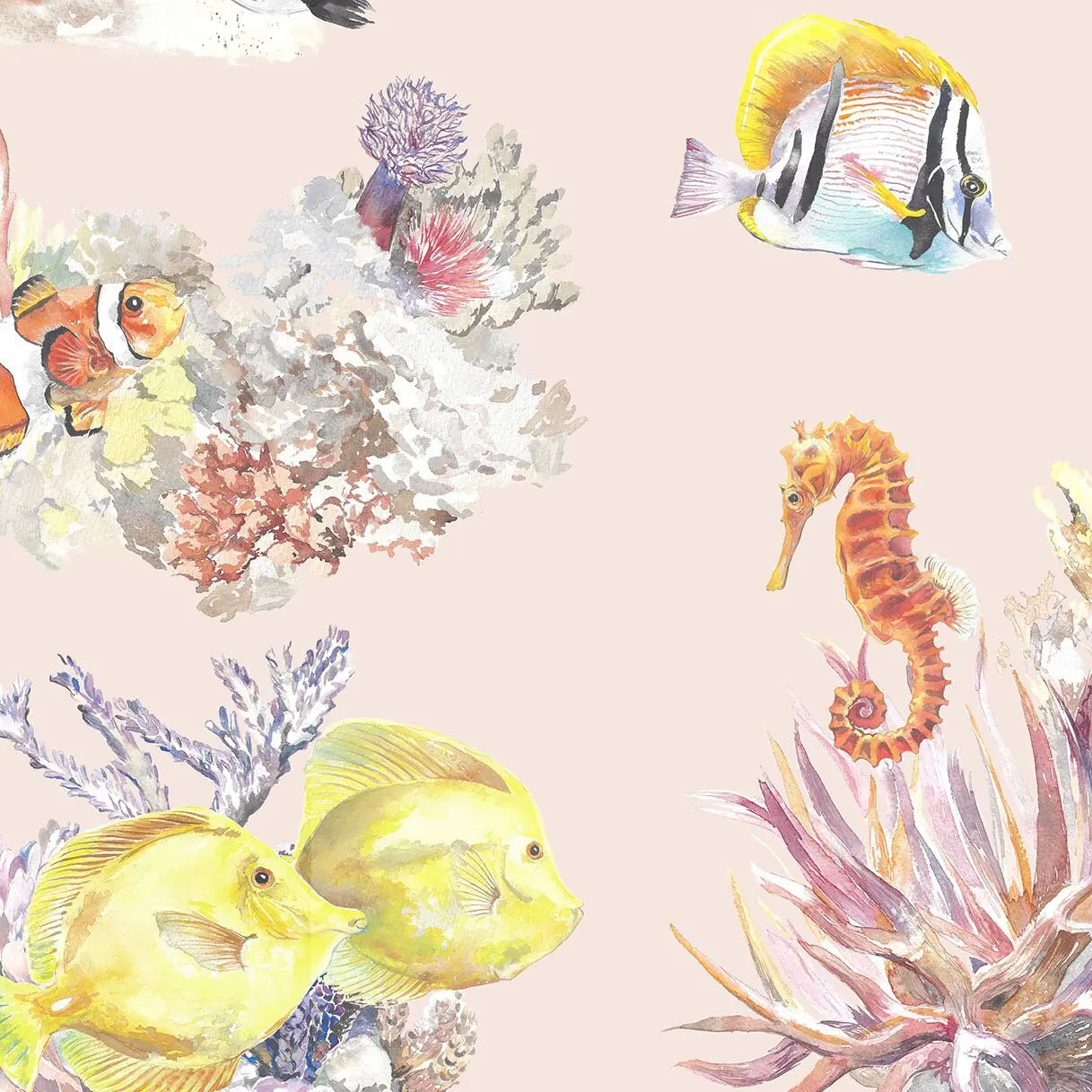 Coral Reef and Tropical Fish Cotton Curtain Fabric Katie Hipwell Design