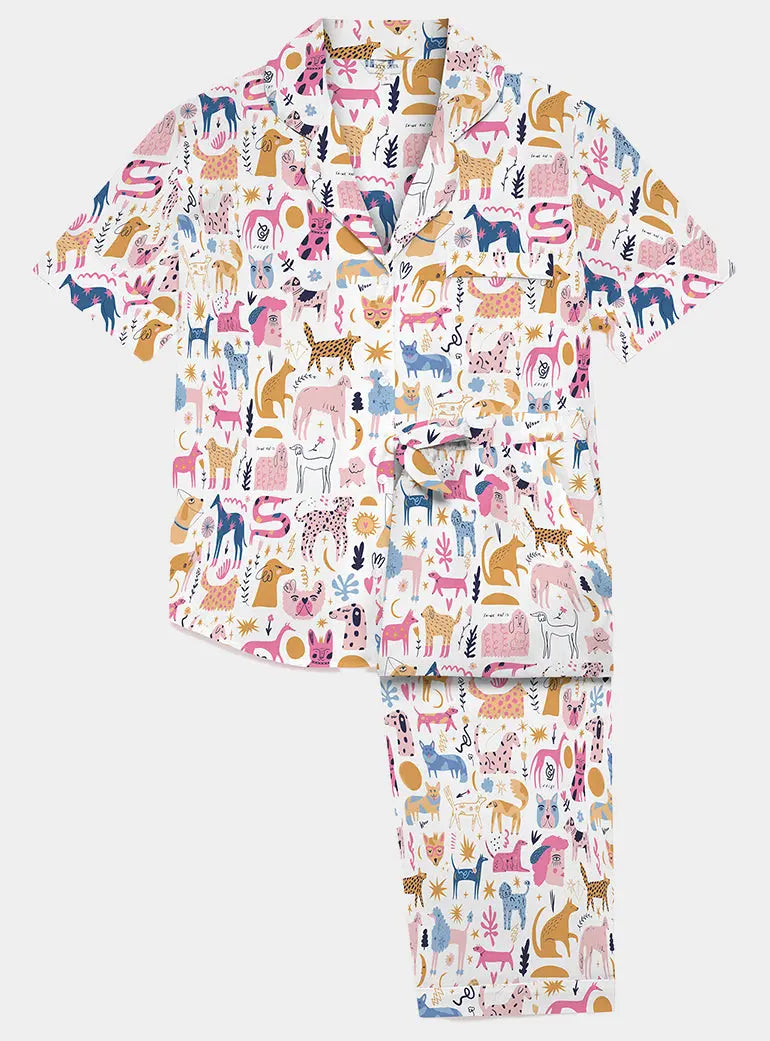 Dog Print Women's Short Sleeve Organic Cotton Pyjama Trouser Set Myza