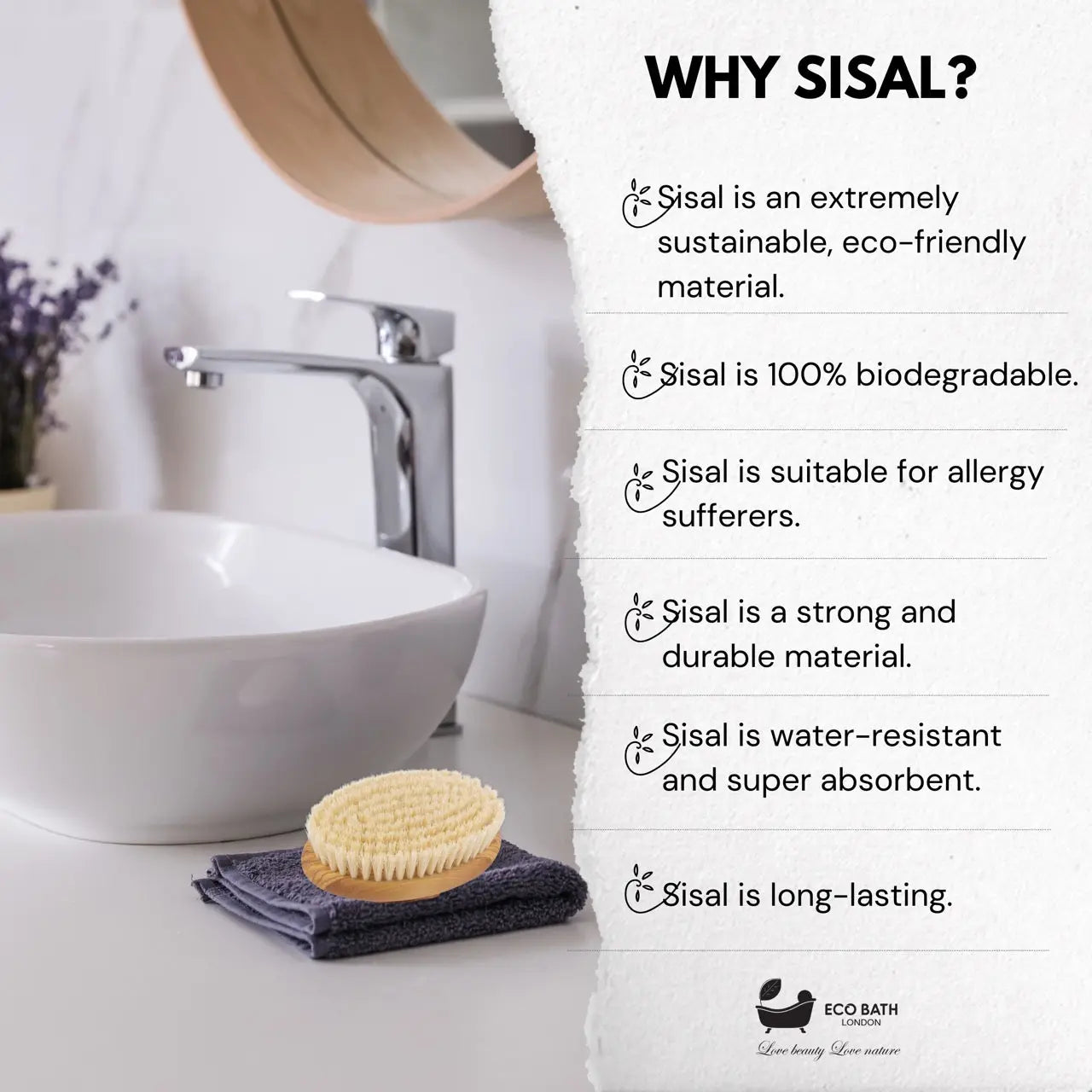 Eco Bath London Natural Sisal Olive Wood Hand Brush - Premium Olive Wood Sisal Hand Brush Eco Bath London