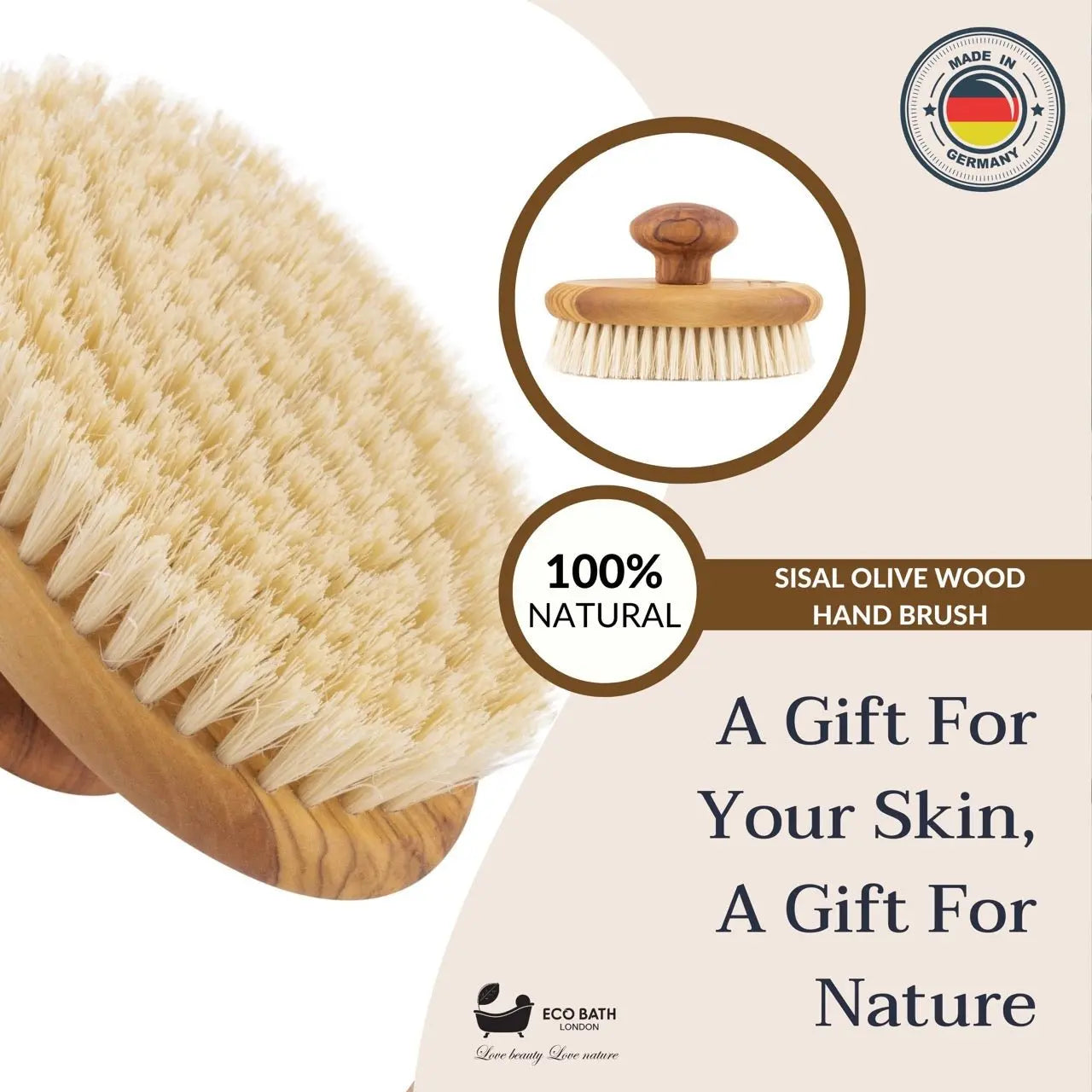 Eco Bath London Natural Sisal Olive Wood Hand Brush - Premium Olive Wood Sisal Hand Brush Eco Bath London