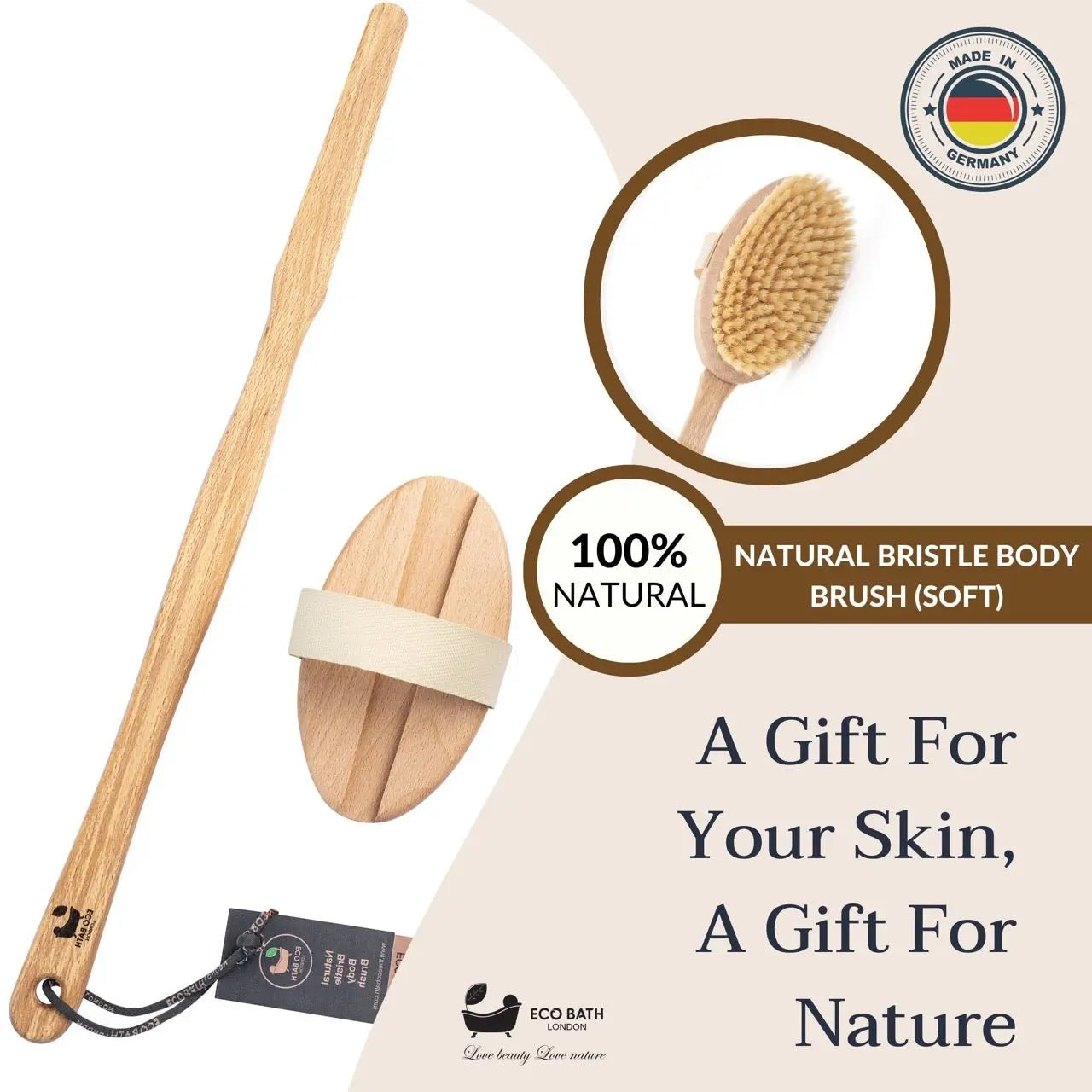 Eco Bath Natural Bristle Body Brush Detachable with Soft Bristles Eco Bath London