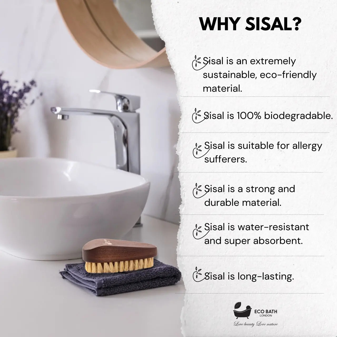 Eco Bath Natural Sisal Walnut Wood Nail Brush - Luxurious Design Eco Bath London