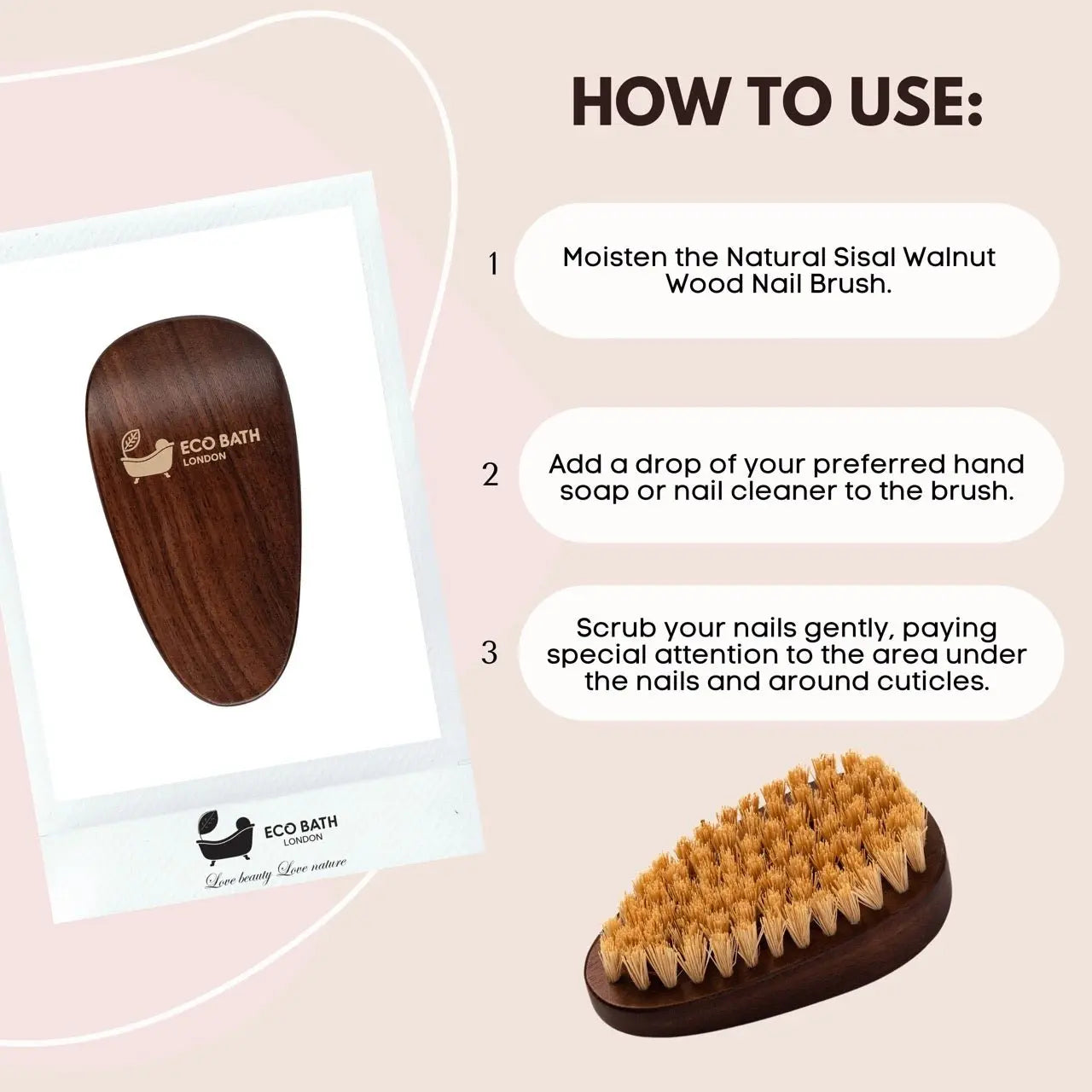 Eco Bath Natural Sisal Walnut Wood Nail Brush - Luxurious Design Eco Bath London