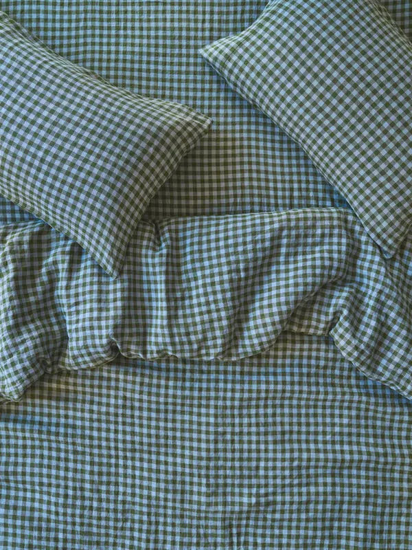 Fern Green & Dusk Blue Colour Drenched Gingham Linen Blend Duvet Cover Piglet