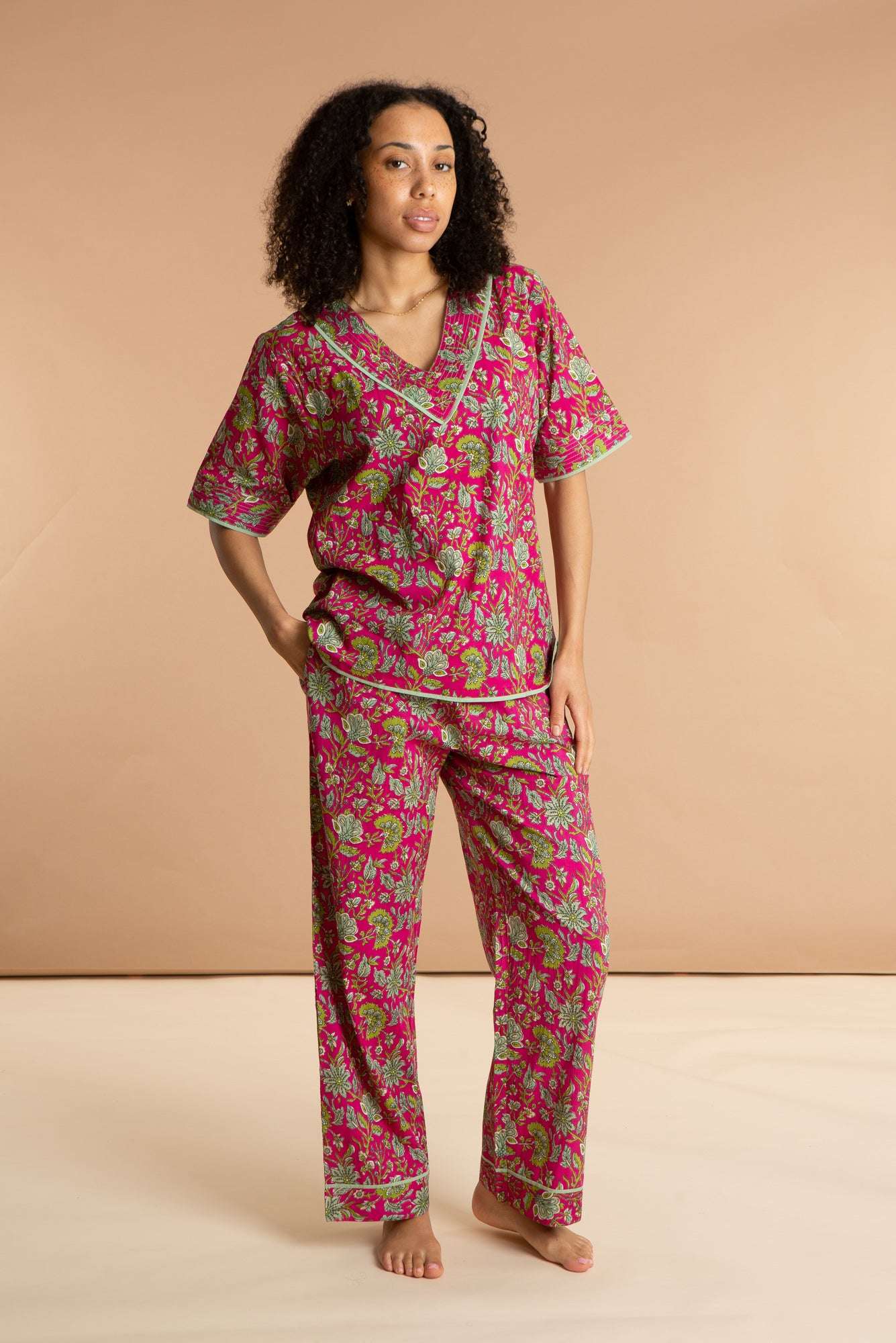Fuchsia Freesia Women's Floral Cotton Pyjama Trouser Set inara