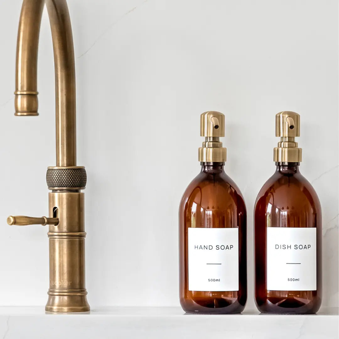 Labelled Amber Glass Dispenser Bottle With Gold Pump Namie Home