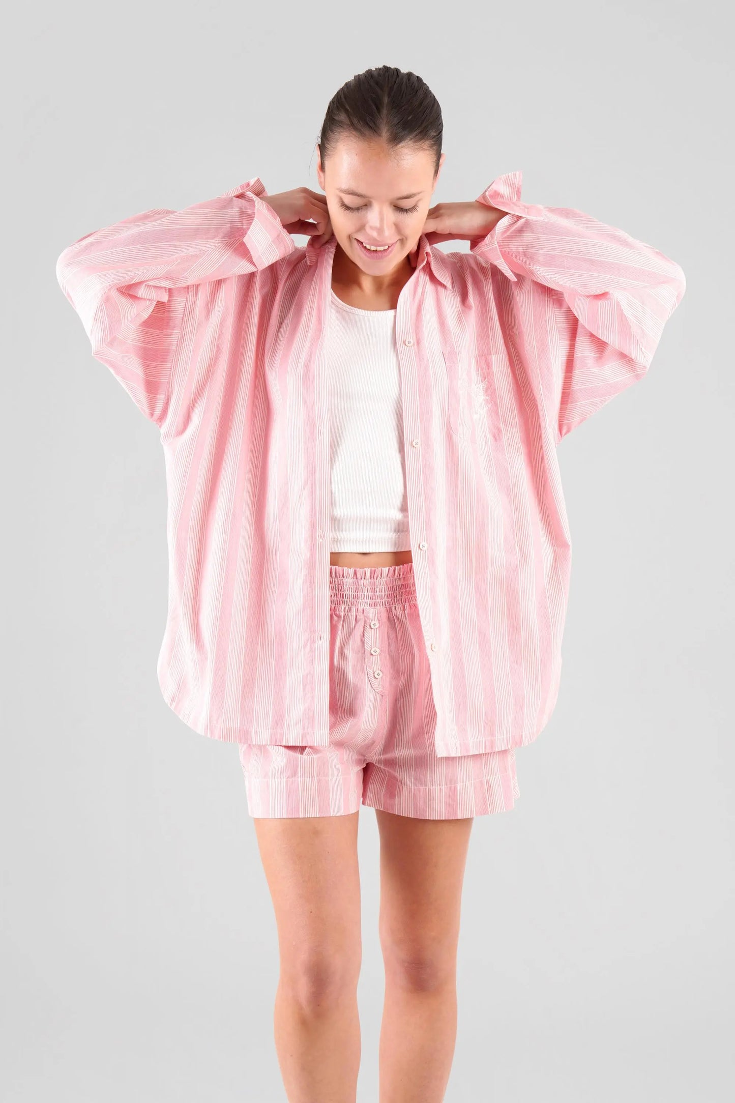 Lomandra Striped Ethical-Cotton Shorts - Sunset Peach Peachaus