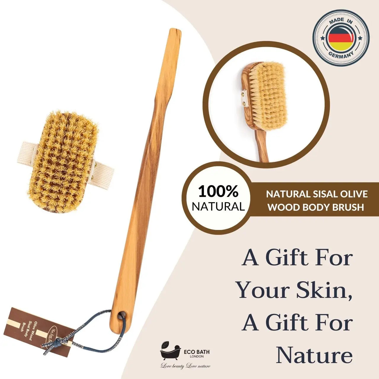 Luxury Natural Sisal Olive Wood Body Brush - The Ultimate Dry Brushing Body Brush Eco Bath London