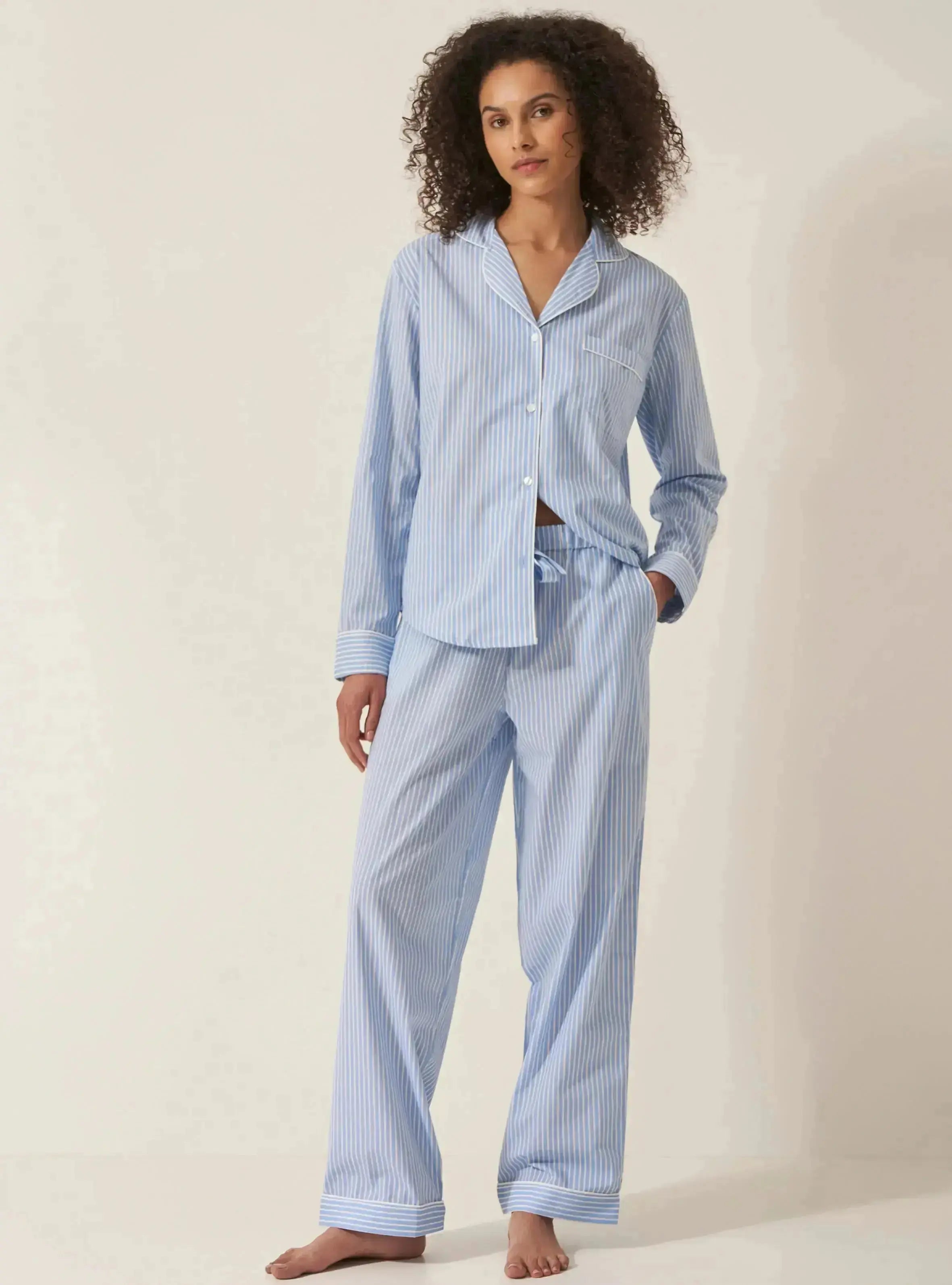 Blue Stripe Women's Long Sleeve Organic Cotton Pyjama Trouser Set