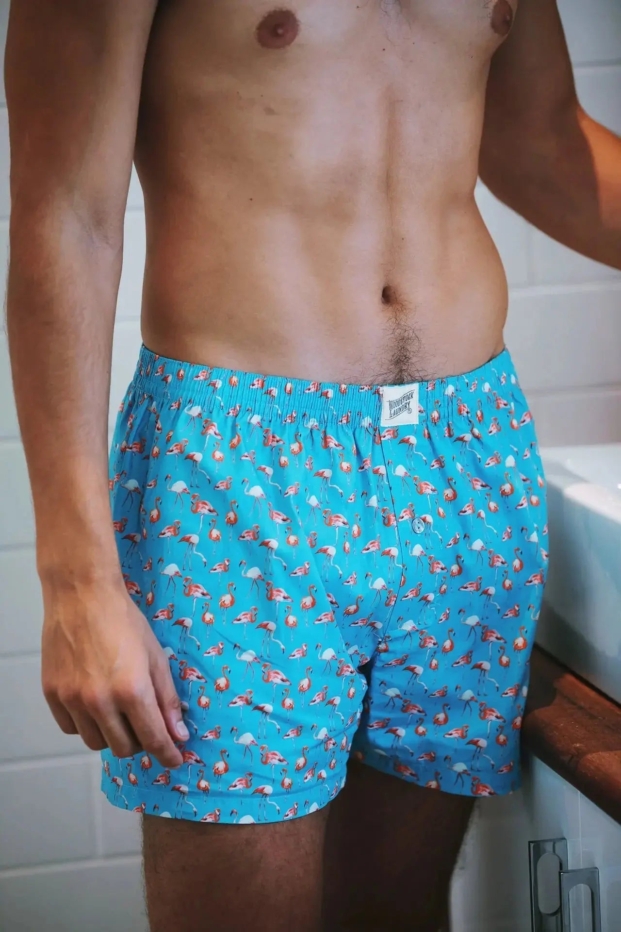 Mens Boxer Shorts - Blue Flamingos Woodstock Laundry