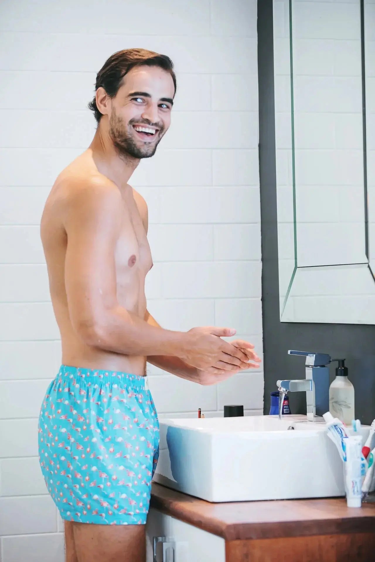 Mens Boxer Shorts - Blue Flamingos Woodstock Laundry