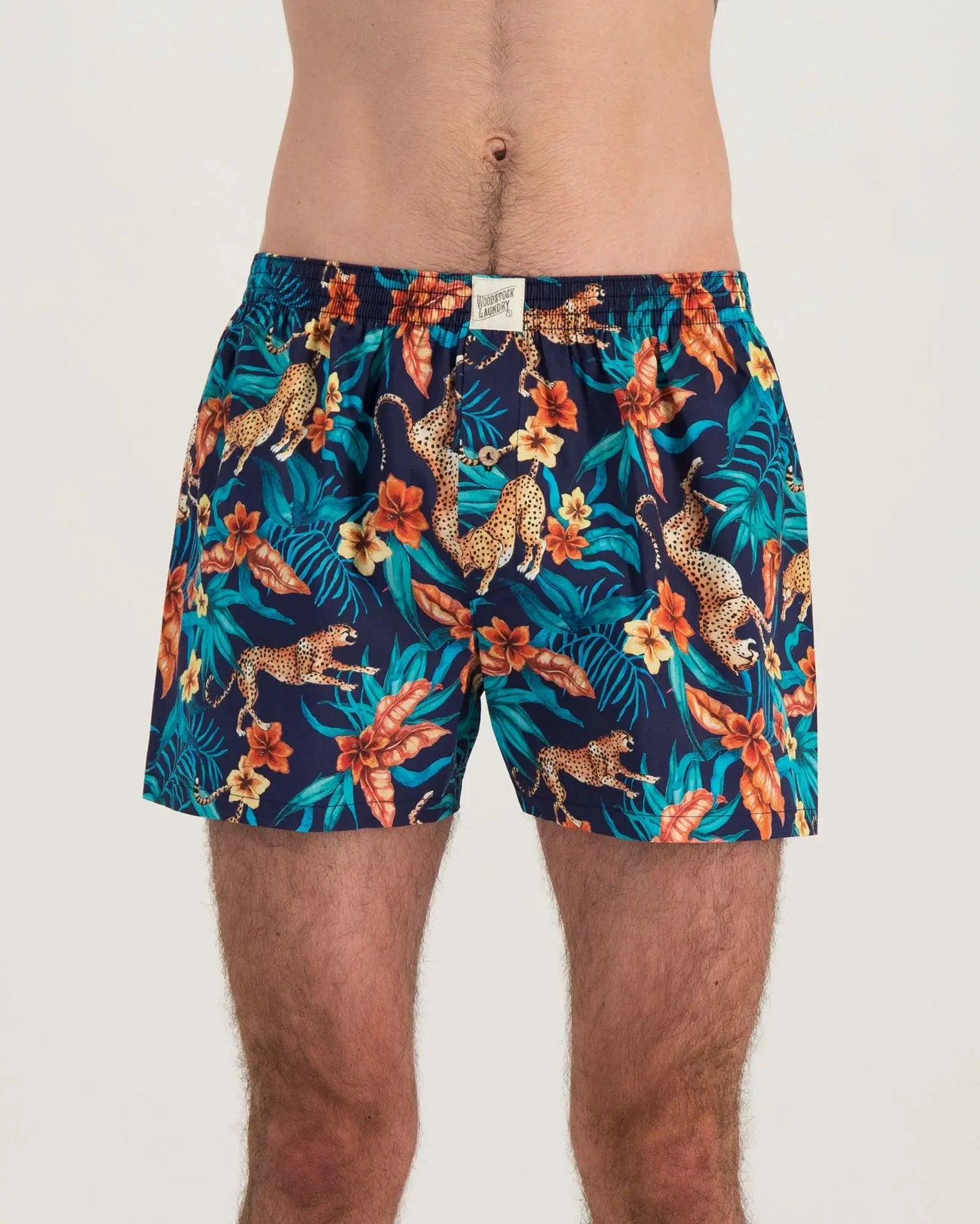 Mens Boxer Shorts - Jungle Cheetah Navy Woodstock Laundry