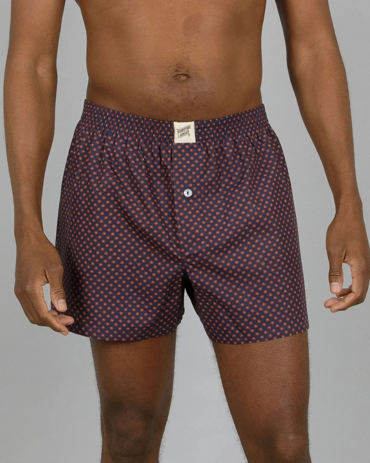 Mens Boxer Shorts - Poppy Circles Navy Woodstock Laundry