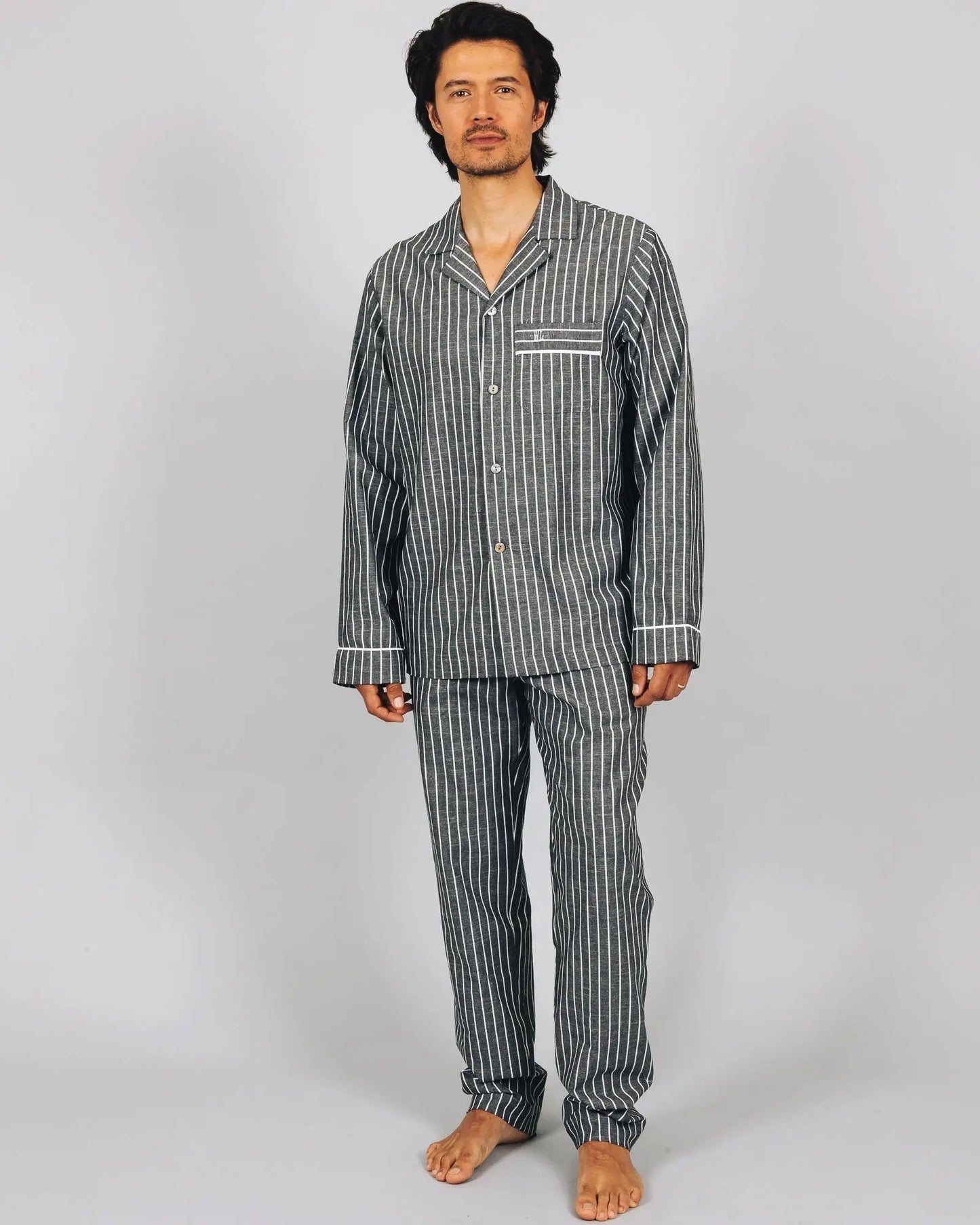 Mens Long Pyjamas - Chambray Black Stripe Woodstock Laundry