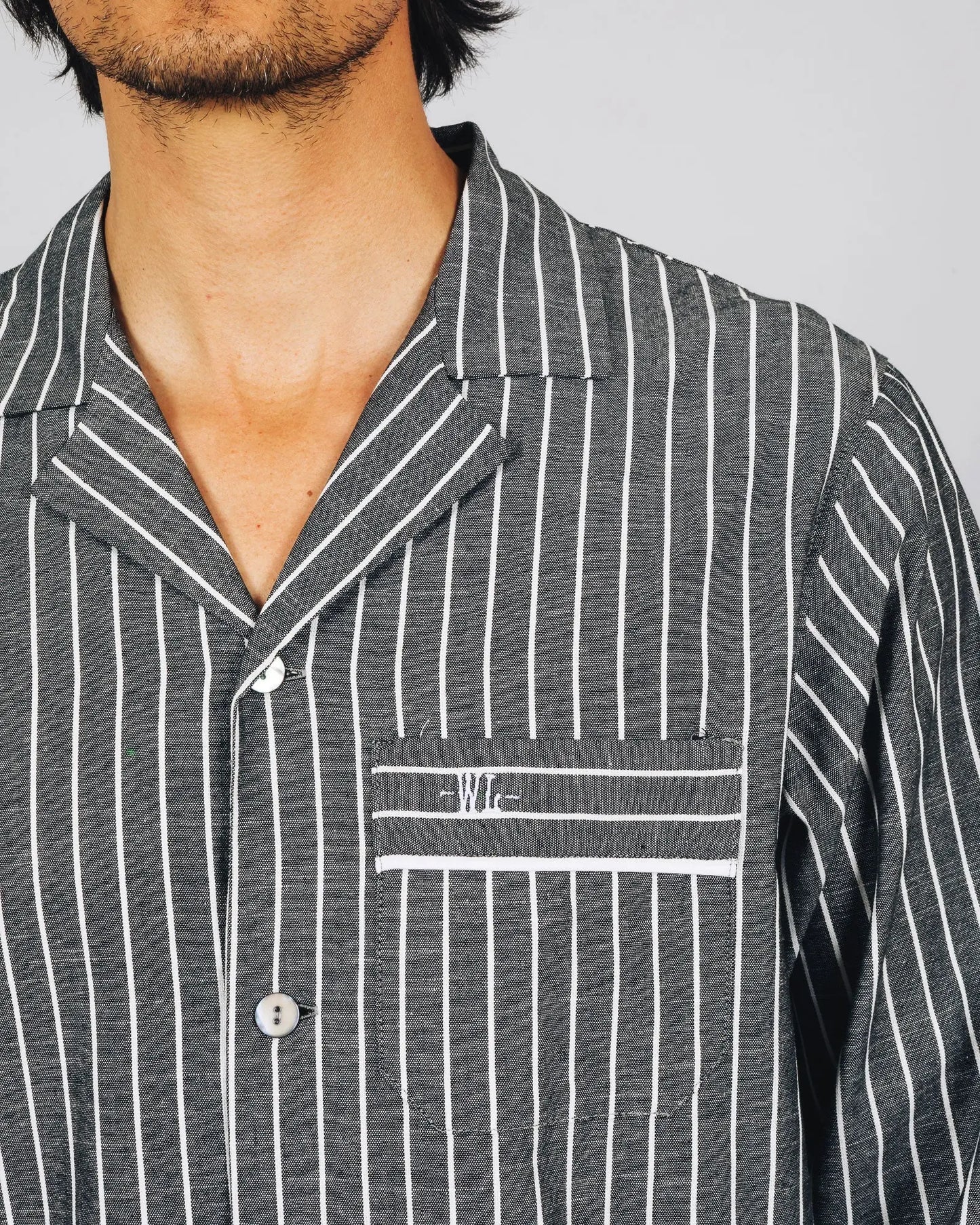 Mens Long Pyjamas - Chambray Black Stripe Woodstock Laundry