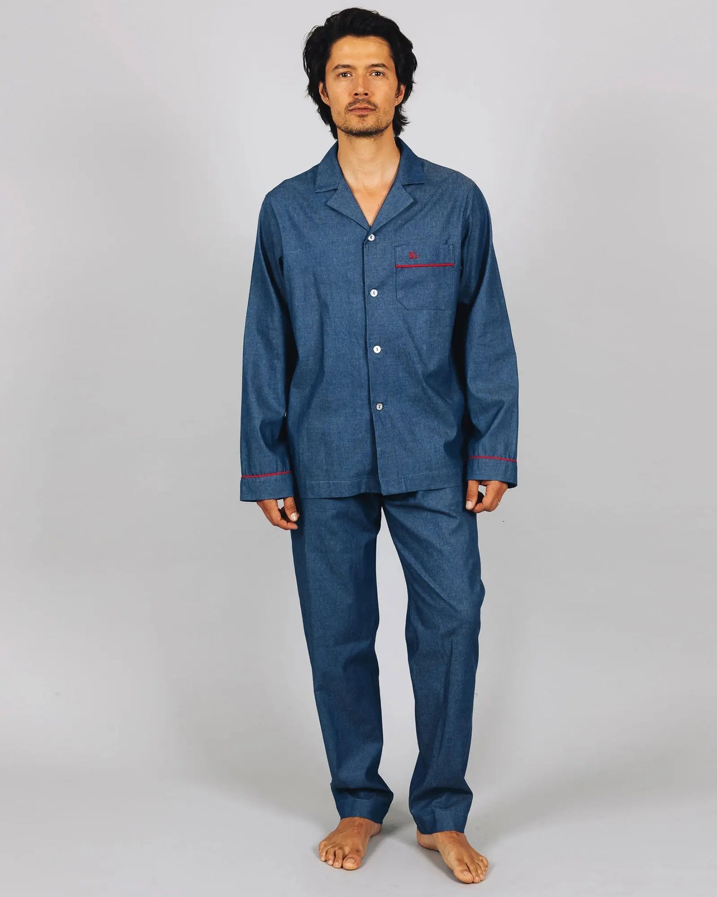 Mens Long Pyjamas - Denim Medium Blue Woodstock Laundry