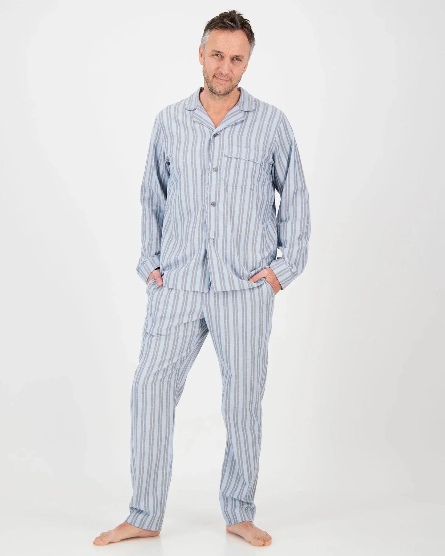 Mens Long Pyjamas - Flannel Turquoise & Charcoal Stripe Woodstock Laundry