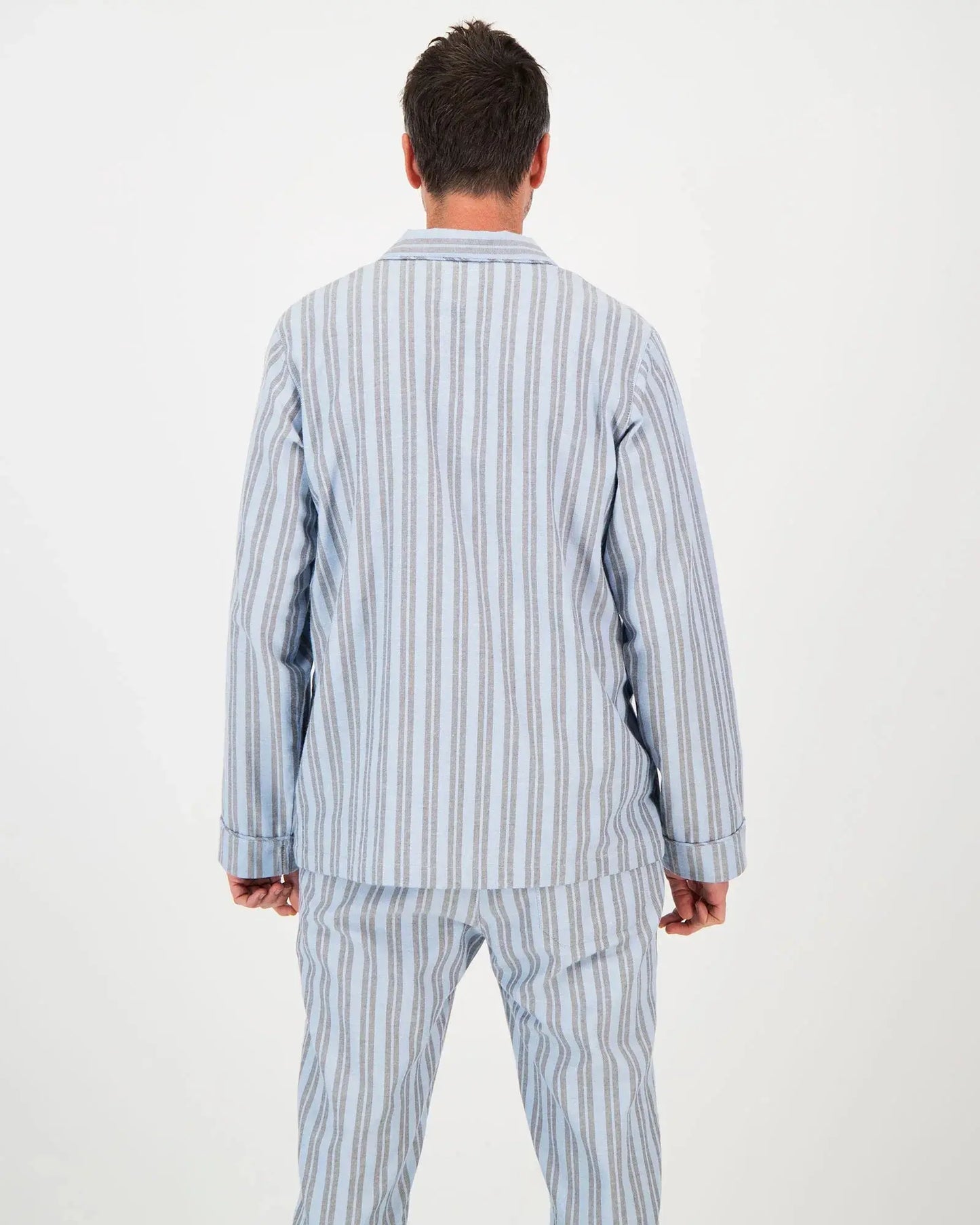 Mens Long Pyjamas - Flannel Turquoise & Charcoal Stripe Woodstock Laundry