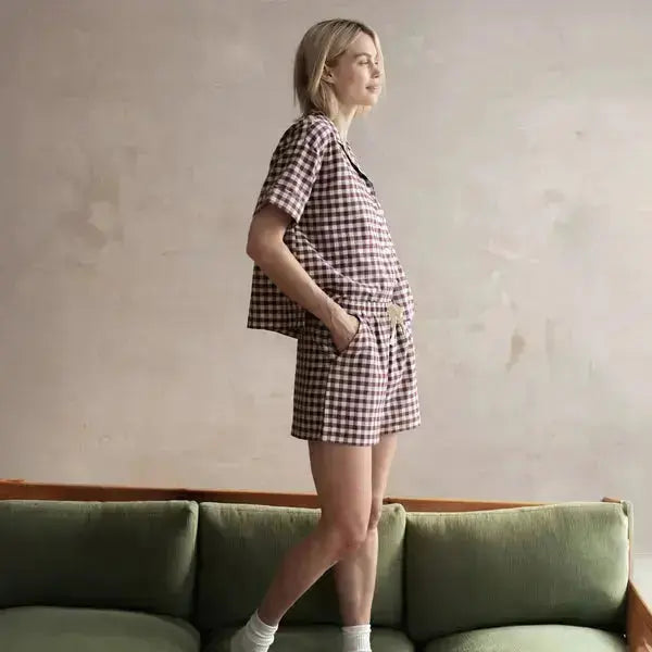 Warm Blue Gingham Linen Blend Women's Pyjama Short Set Piglet