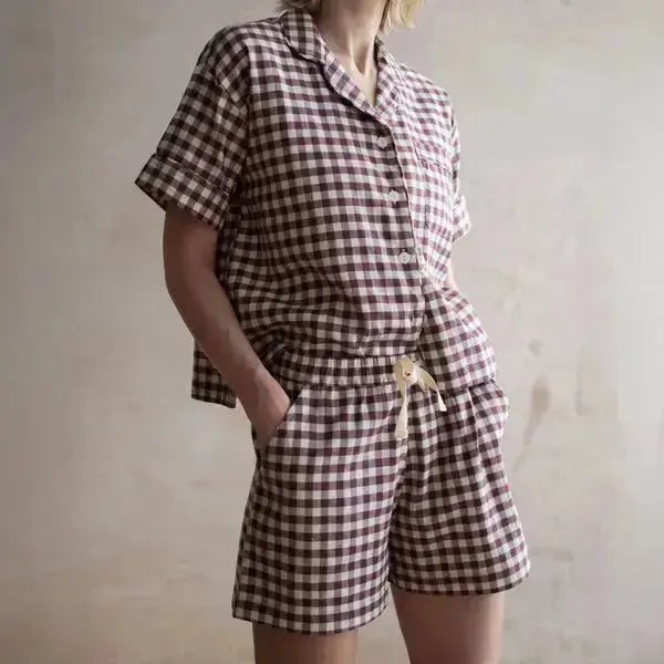 Warm Blue Gingham Linen Blend Women's Pyjama Short Set Piglet
