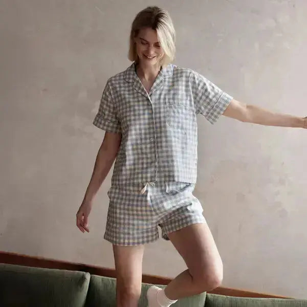 Warm Blue Gingham Linen Blend Women's Pyjama Short Set Piglet