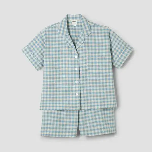 Warm Blue Gingham Linen Blend Women's Pyjama Short Set Piglet