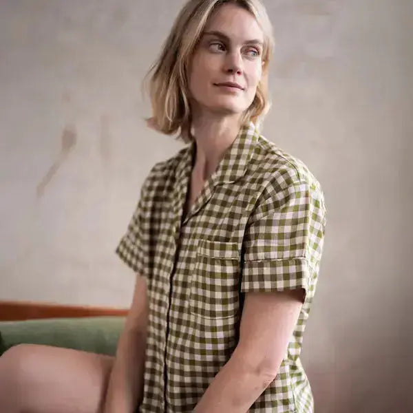 Warm Blue Gingham Linen Blend Women's Pyjama Short Set Piglet