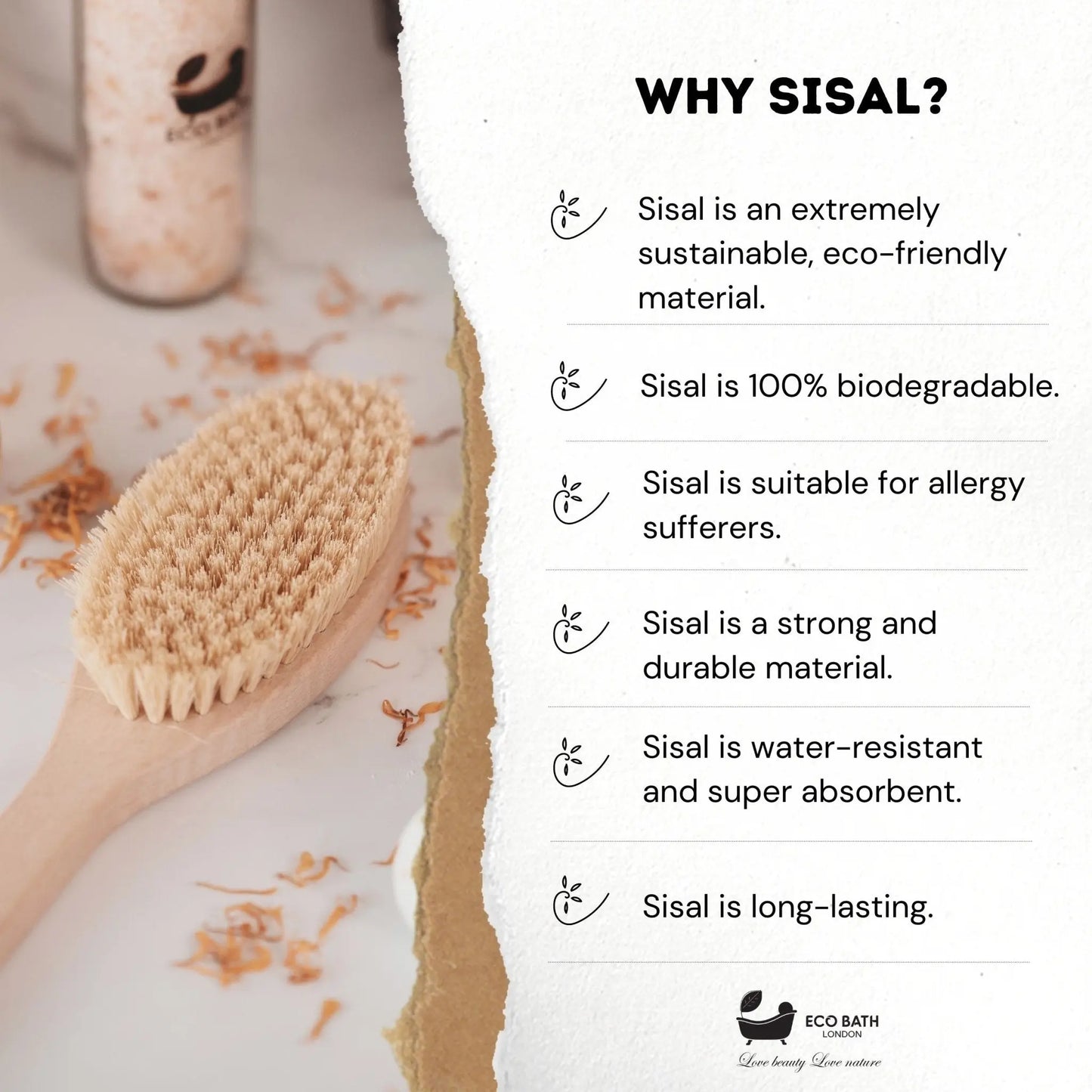 Natural Hard Sisal Body Brush with Detachable Handle Eco Bath London