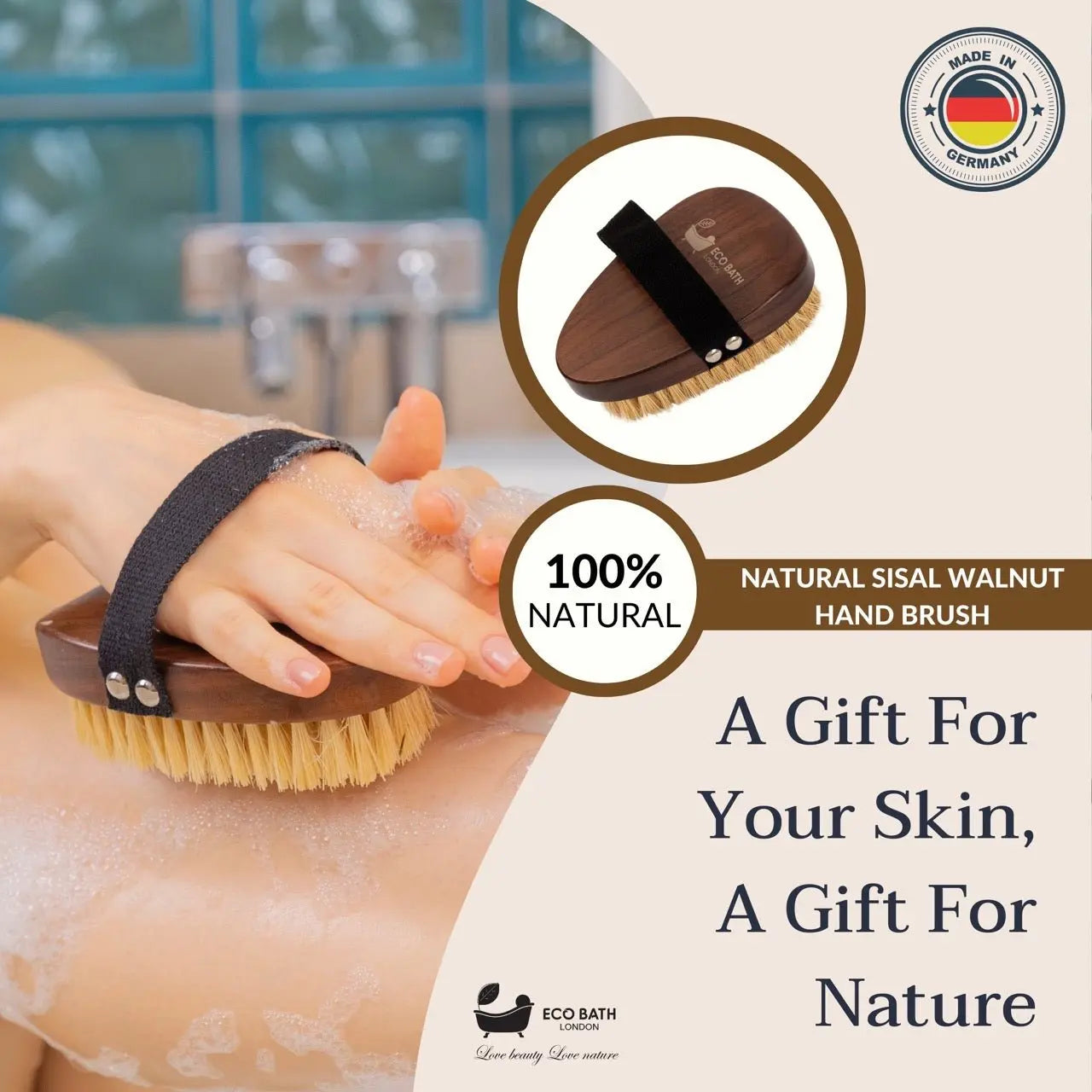 Natural Sisal Walnut Hand Brush - Luxury Hand Brush for Dry Brushing Eco Bath London