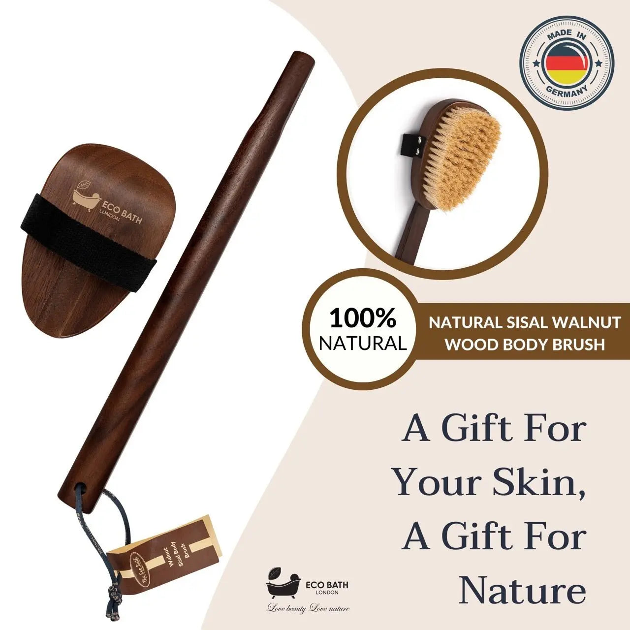Natural Sisal Walnut Wood Body Brush - Luxurious Dry Brushing Body Brush Eco Bath London