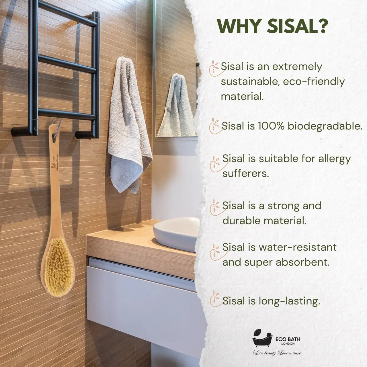 Natural Sisal or Bristle Body Brush for Dry Brushing and Showers Eco Bath London