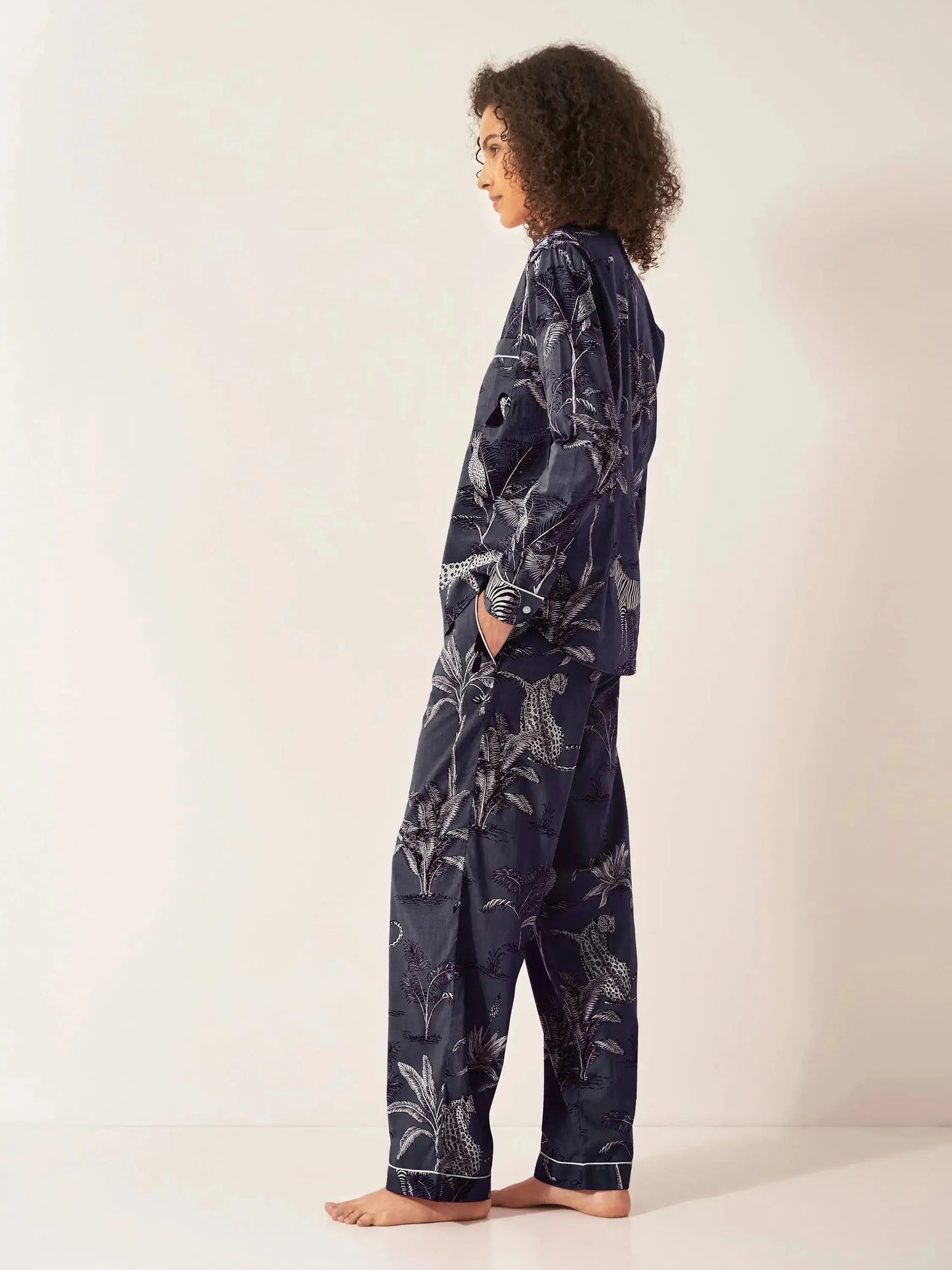 Navy Botanical Jungle Women's Long Sleeve Organic Cotton Pyjama Trouser Set Myza