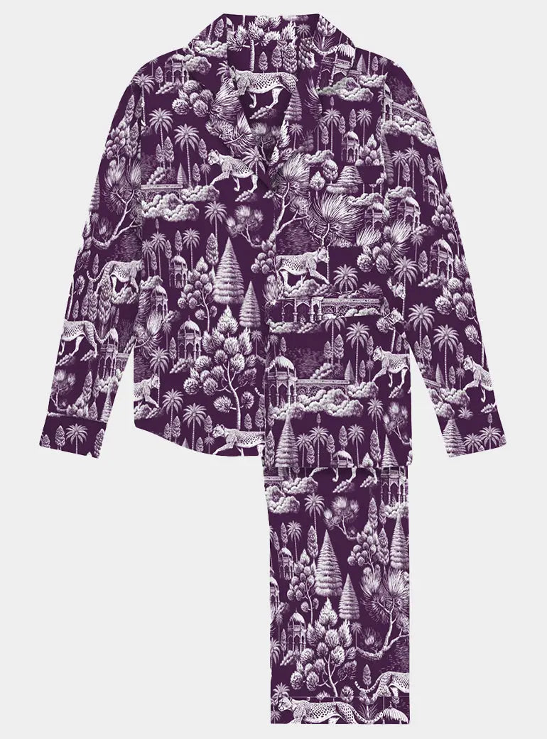 Navy Leopard Women's Satin Pyjama Trouser Set Myza