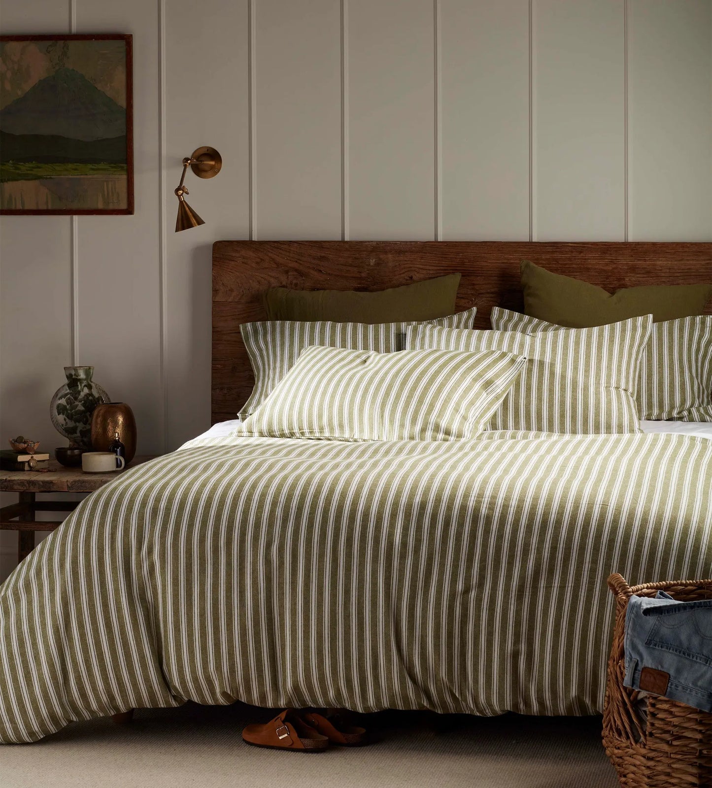 Olive Green Fred Stripe Brushed 100% Organic Cotton Duvet Cover The Secret Linen Store