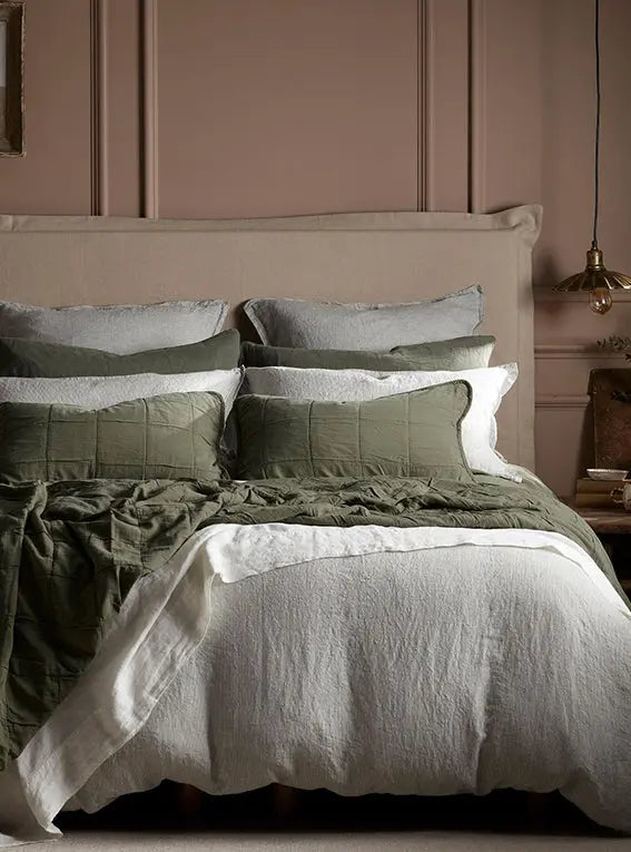 Olive Green Sid Stripe 100% Linen Duvet Cover The Secret Linen Store