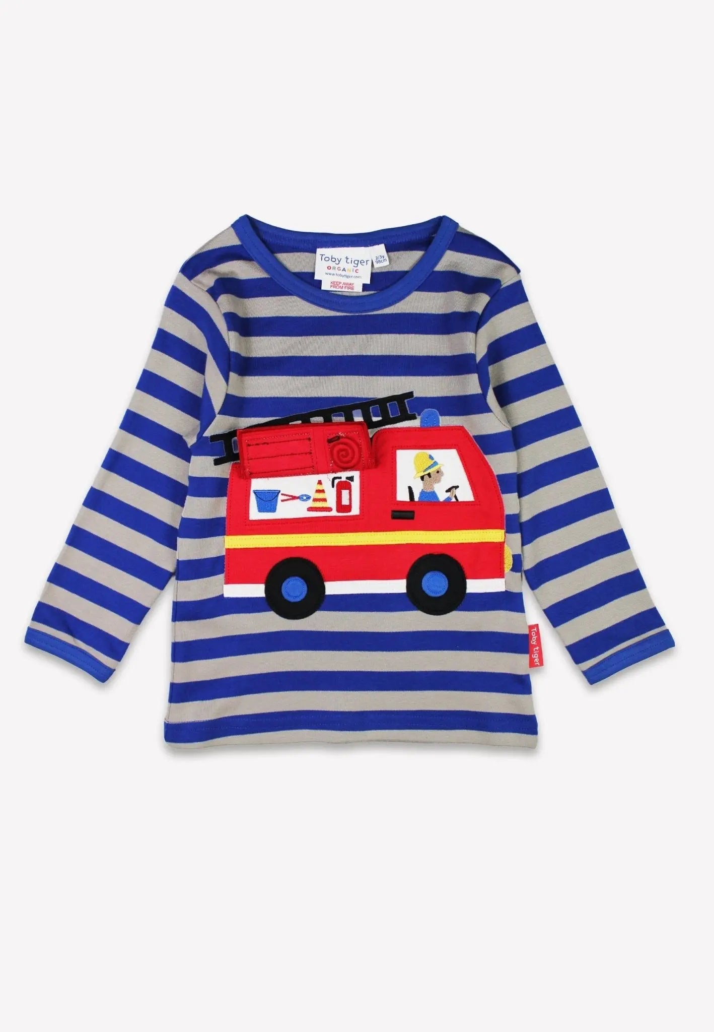 Organic Blue Fire Engine Applique Long-Sleeved T-Shirt Toby Tiger